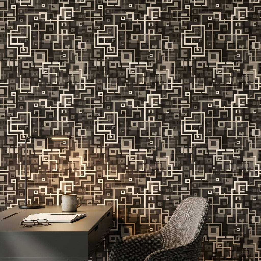 Dark Geometric Wallpaper Abstract Squares Maze Pattern Decorative Mural