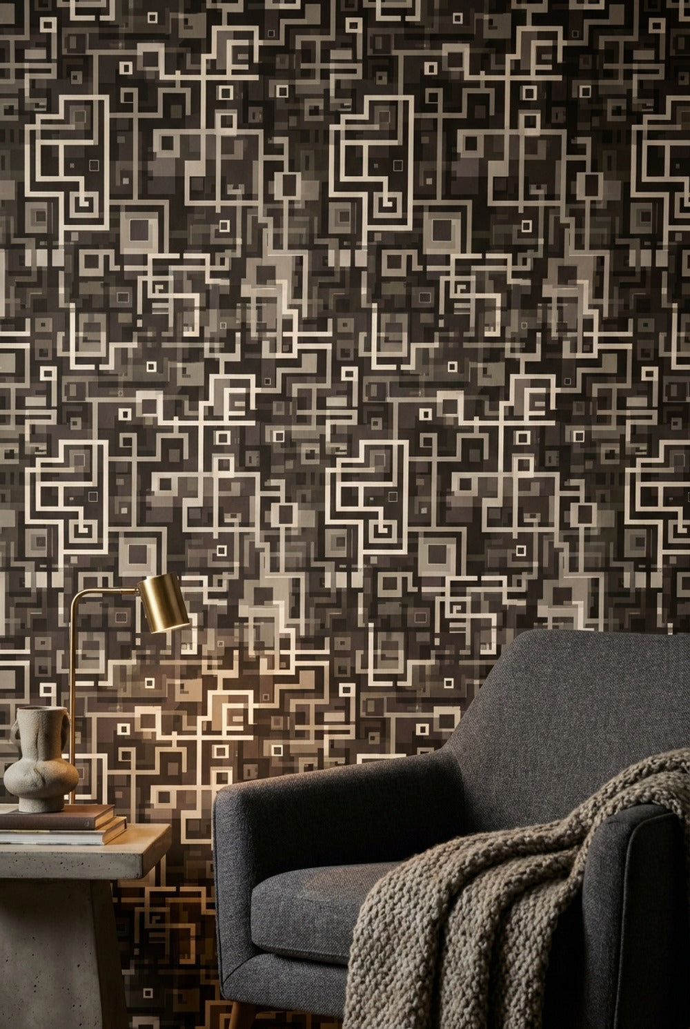 Dark Geometric Wallpaper Abstract Squares Maze Pattern Decorative Mural