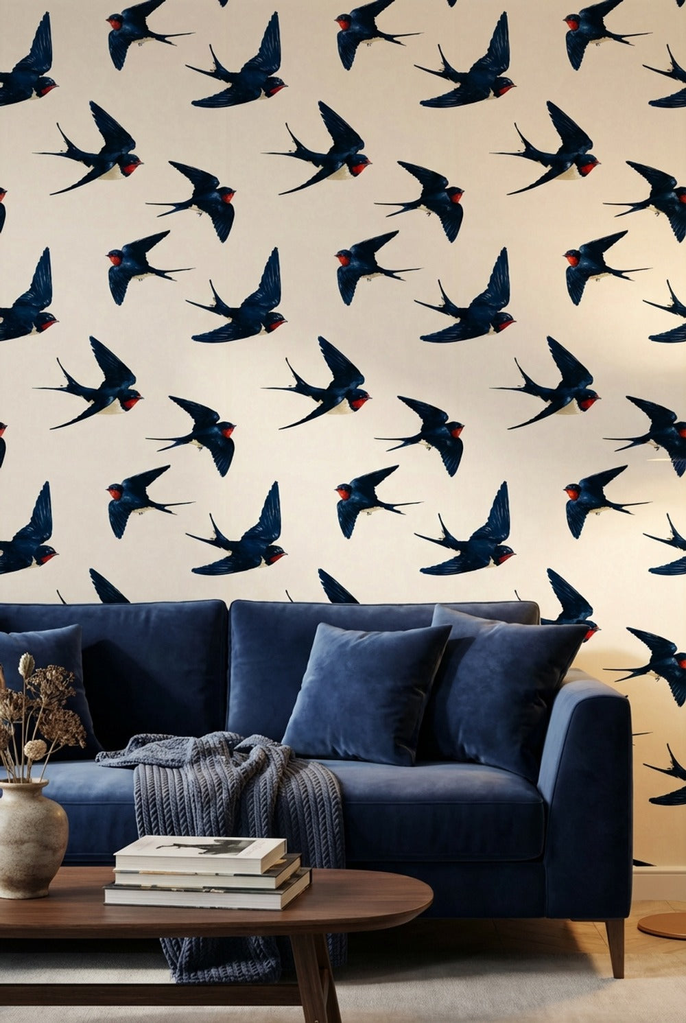 Swallows Wallpaper Birds In Flight Navy Blue Decorative Mural