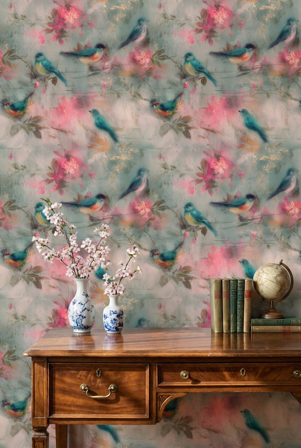 Birds Wallpaper Floral Blossoms Teal Blue Decorative Mural