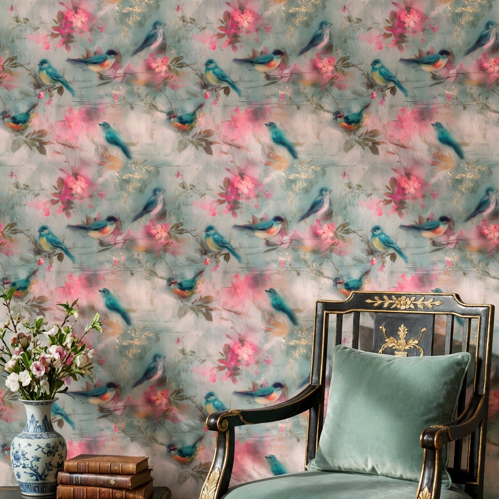 Birds Wallpaper Floral Blossoms Teal Blue Decorative Mural