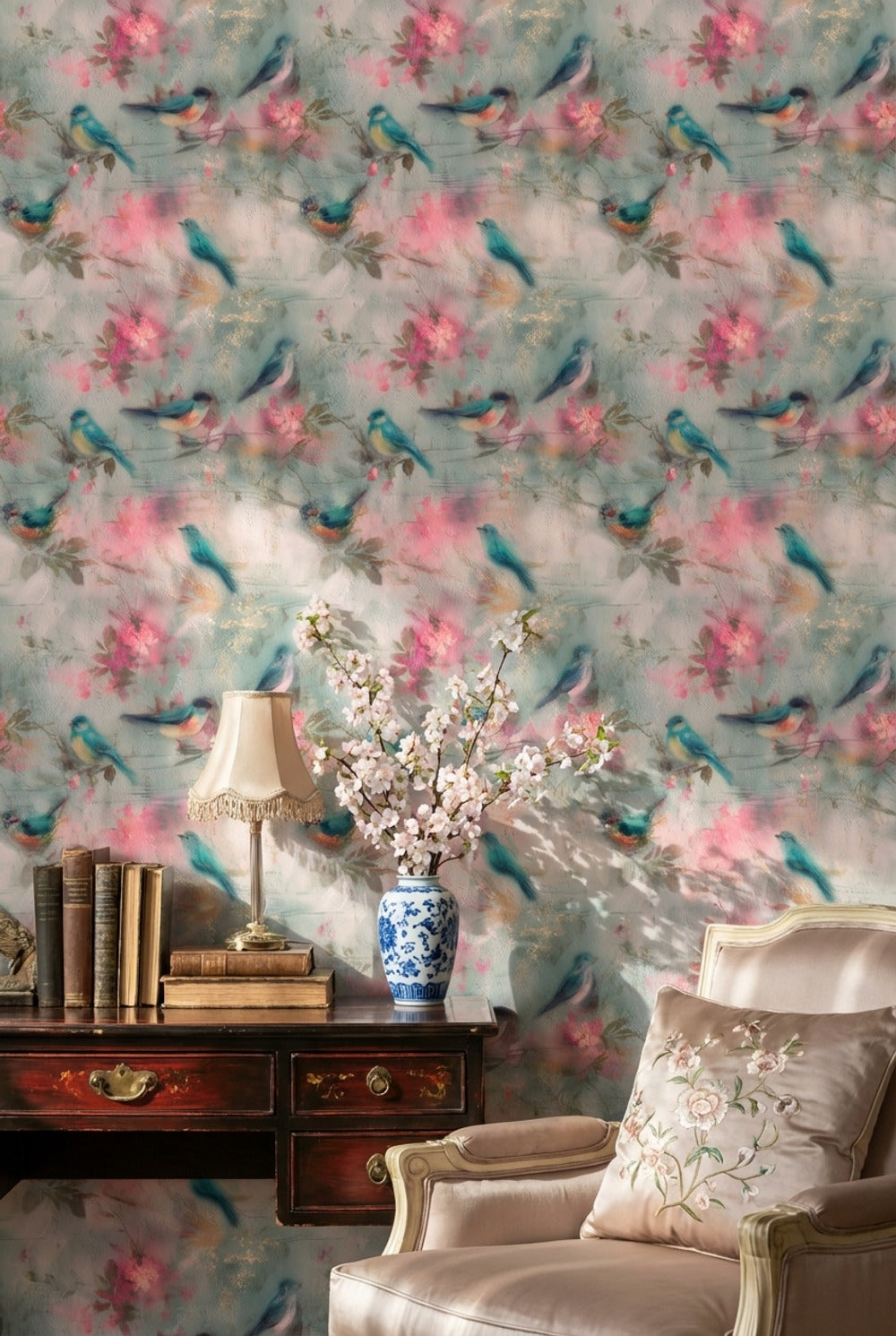 Birds Wallpaper Floral Blossoms Teal Blue Decorative Mural