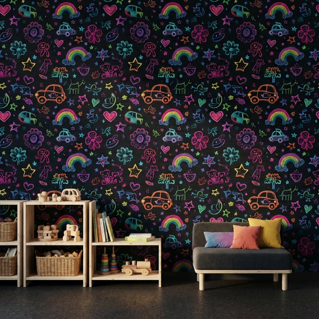 Dark Chalkboard Wallpaper Neon Doodles Kids Drawing Decorative Mural