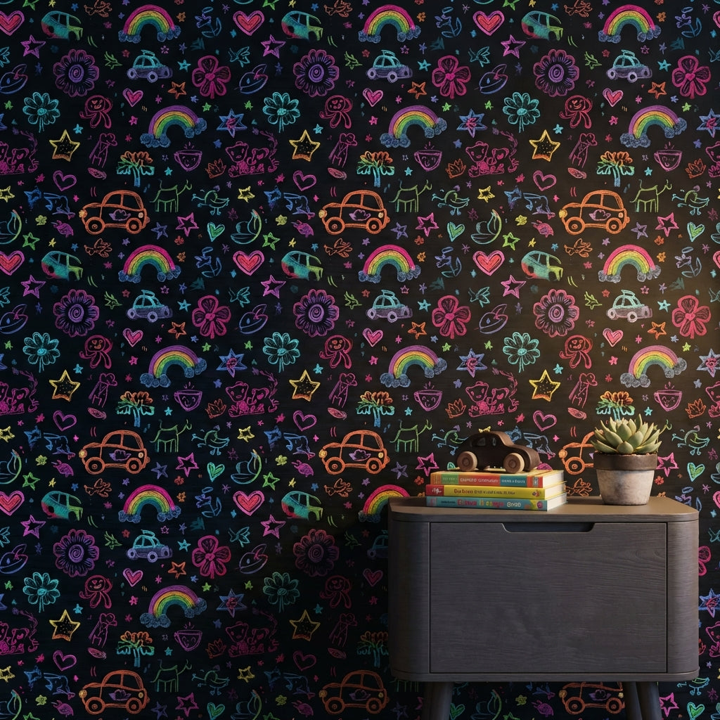 Dark Chalkboard Wallpaper Neon Doodles Kids Drawing Decorative Mural
