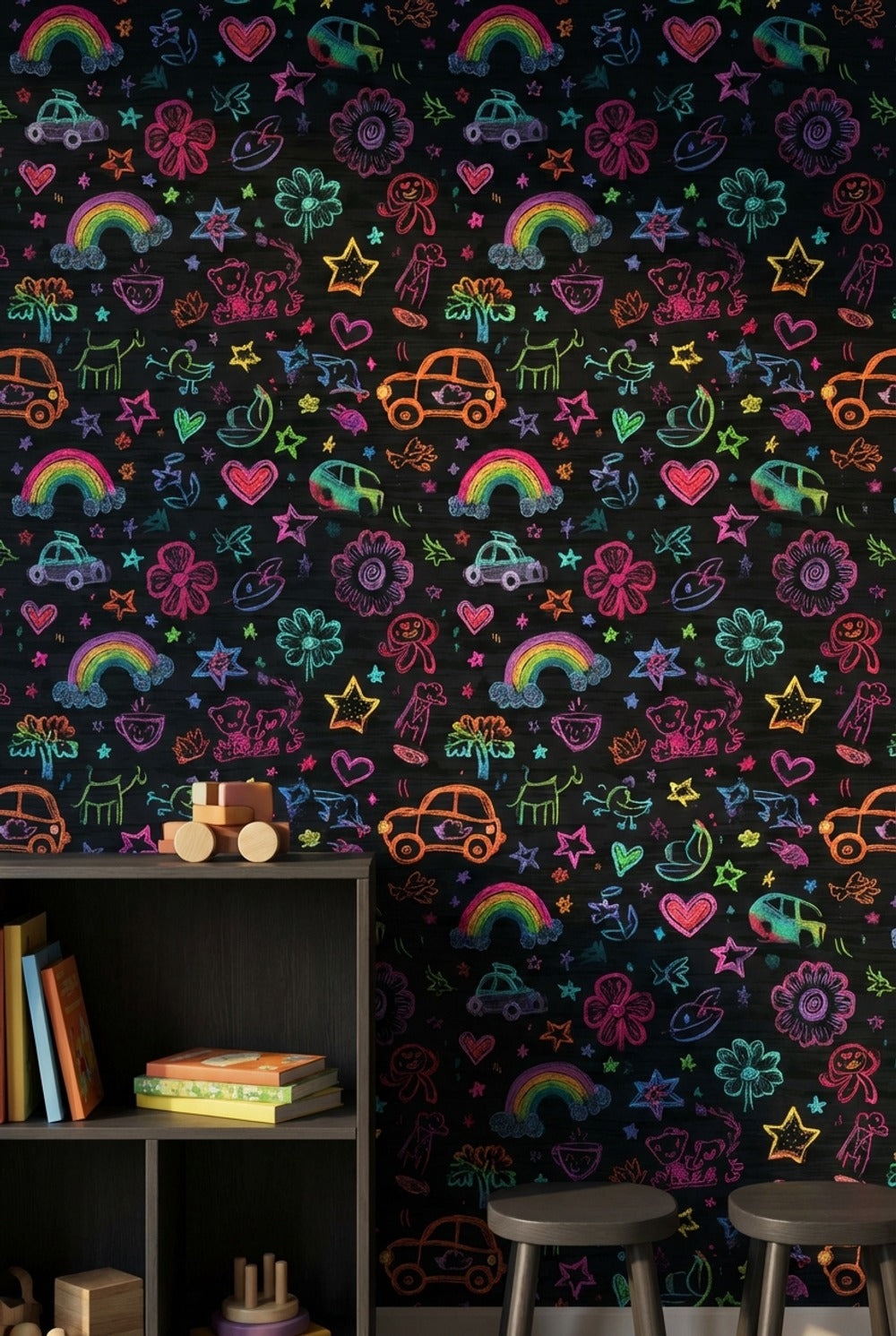 Dark Chalkboard Wallpaper Neon Doodles Kids Drawing Decorative Mural