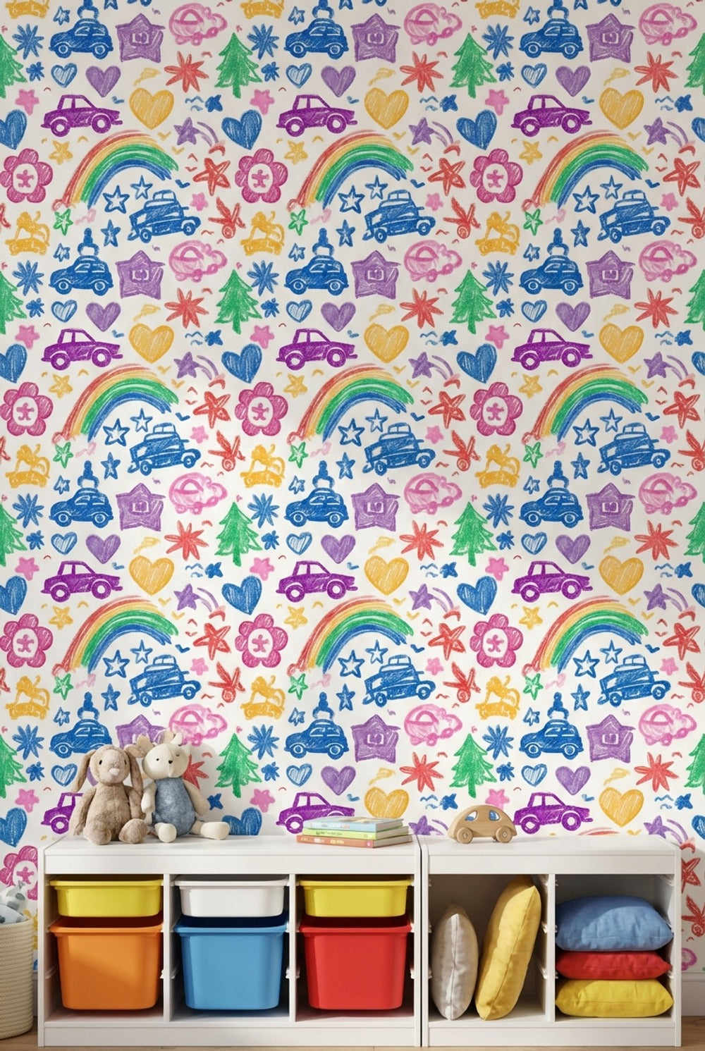 Kids Doodles Wallpaper Crayon Texture Cars Removable Wall Decor