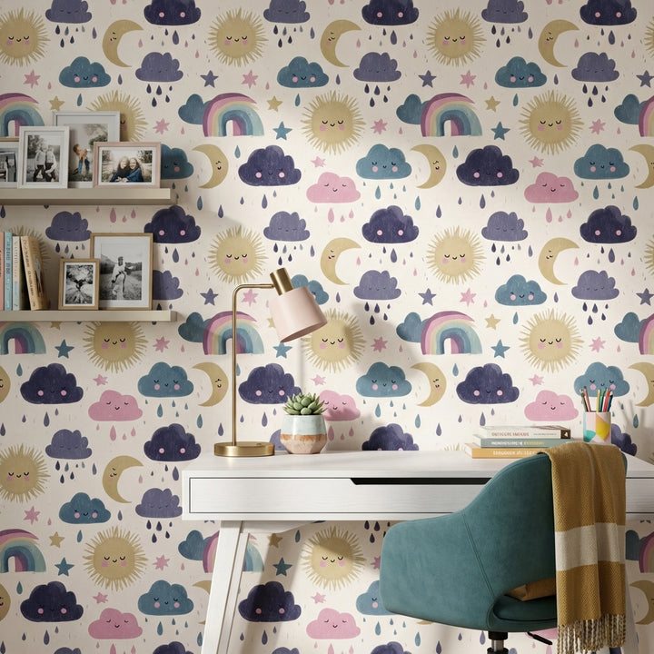 Nursery Wallpaper Cute Clouds Removable Sun And Moon Wall Art