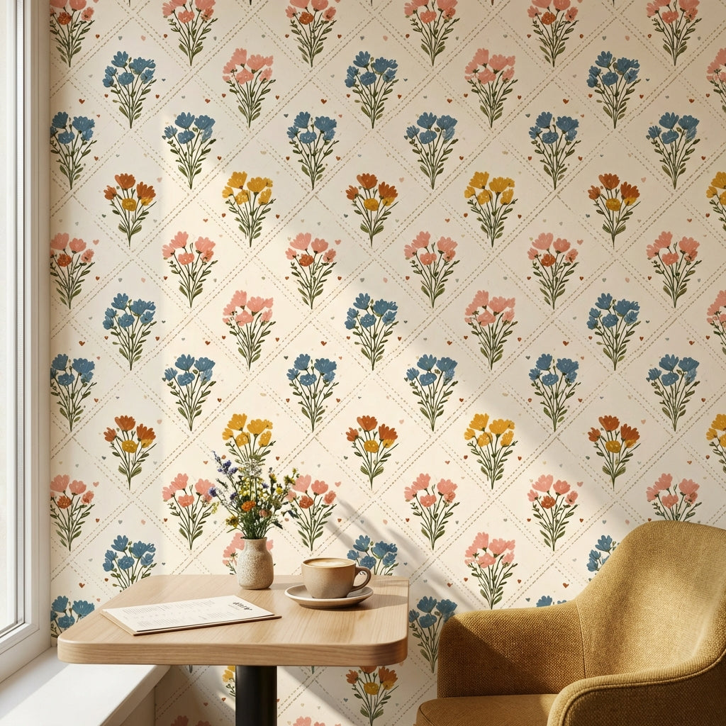 Floral Bouquets Wallpaper Wildflowers Removable Cream Background Wall Art