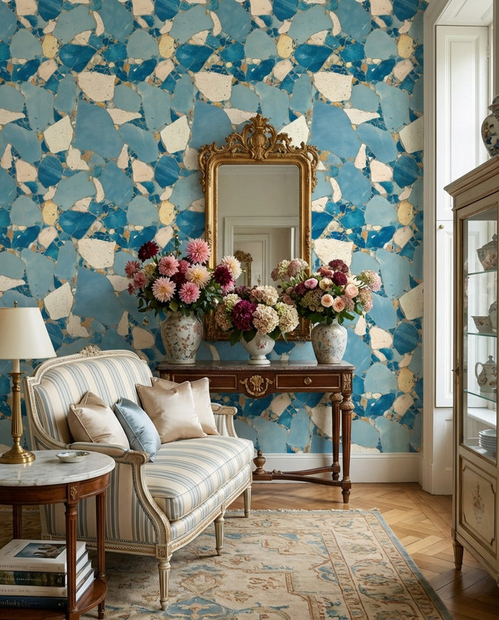 Blue Terrazzo Wallpaper Marble Look Stone Mosaic Decorative Mural