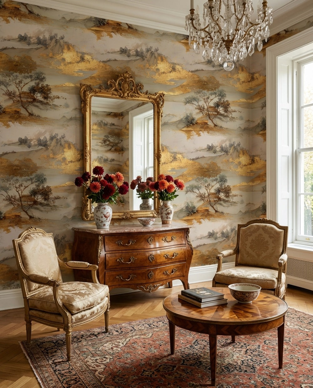 Misty Mountains Wallpaper Watercolor Wash Gold Foil Decorative Mural