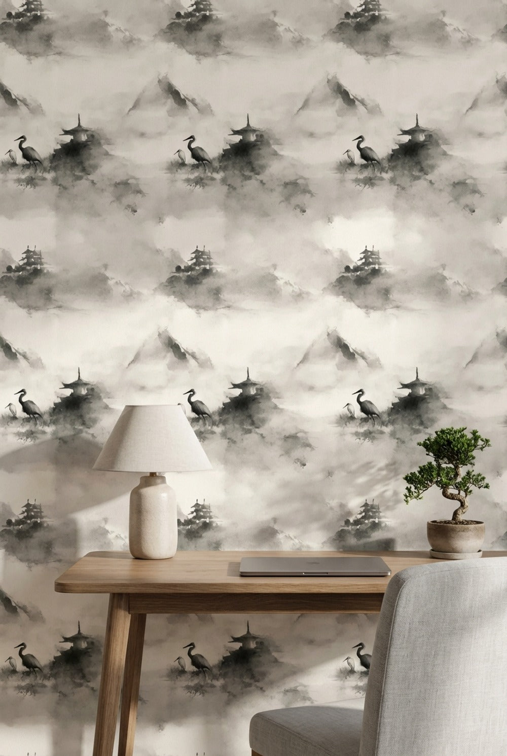Misty Landscape Wallpaper Ink Wash Pagoda Pavilion Decorative Mural