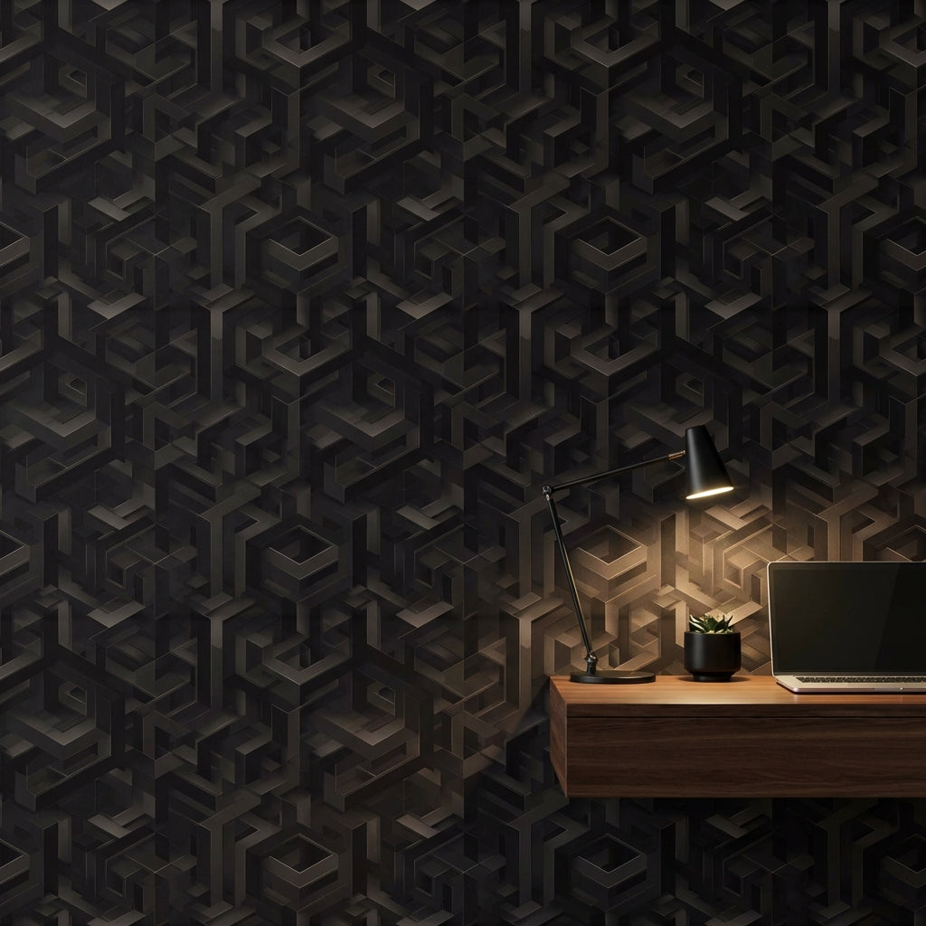 Isometric Wallpaper Geometric Dark Decorative Mural