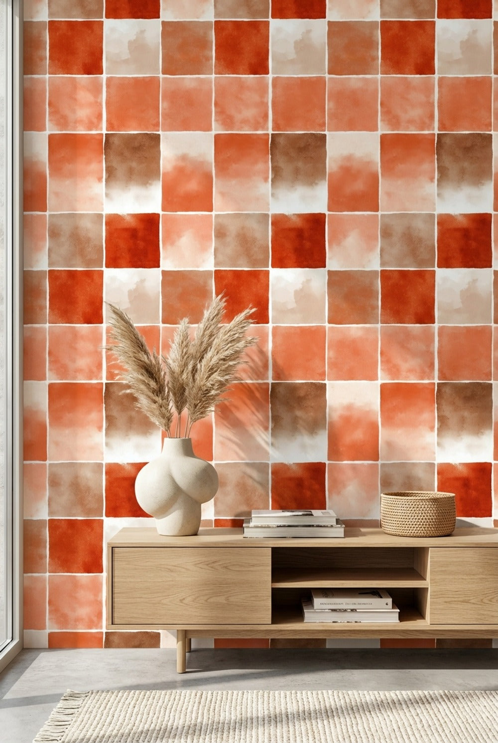Checkered Grid Wallpaper Geometric Squares Terracotta Removable Wall Decor