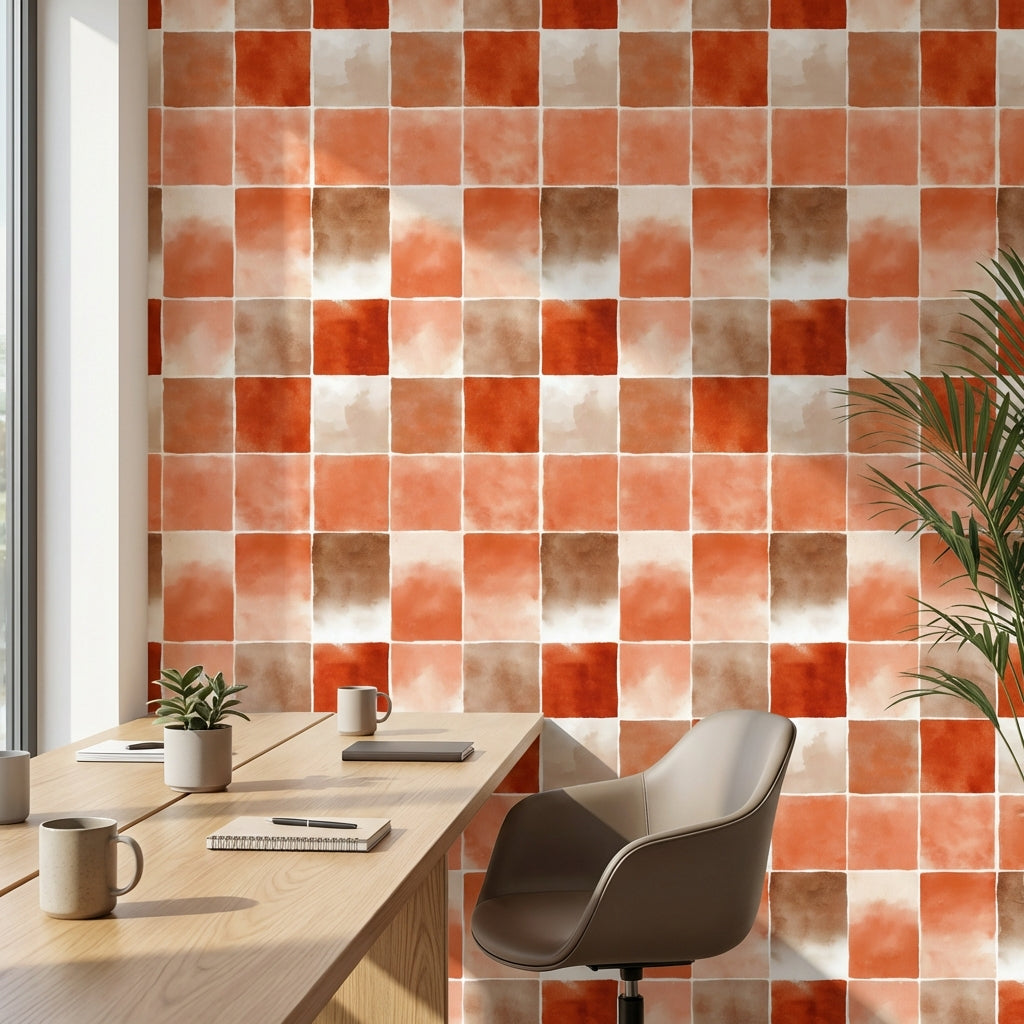 Checkered Grid Wallpaper Geometric Squares Terracotta Removable Wall Decor