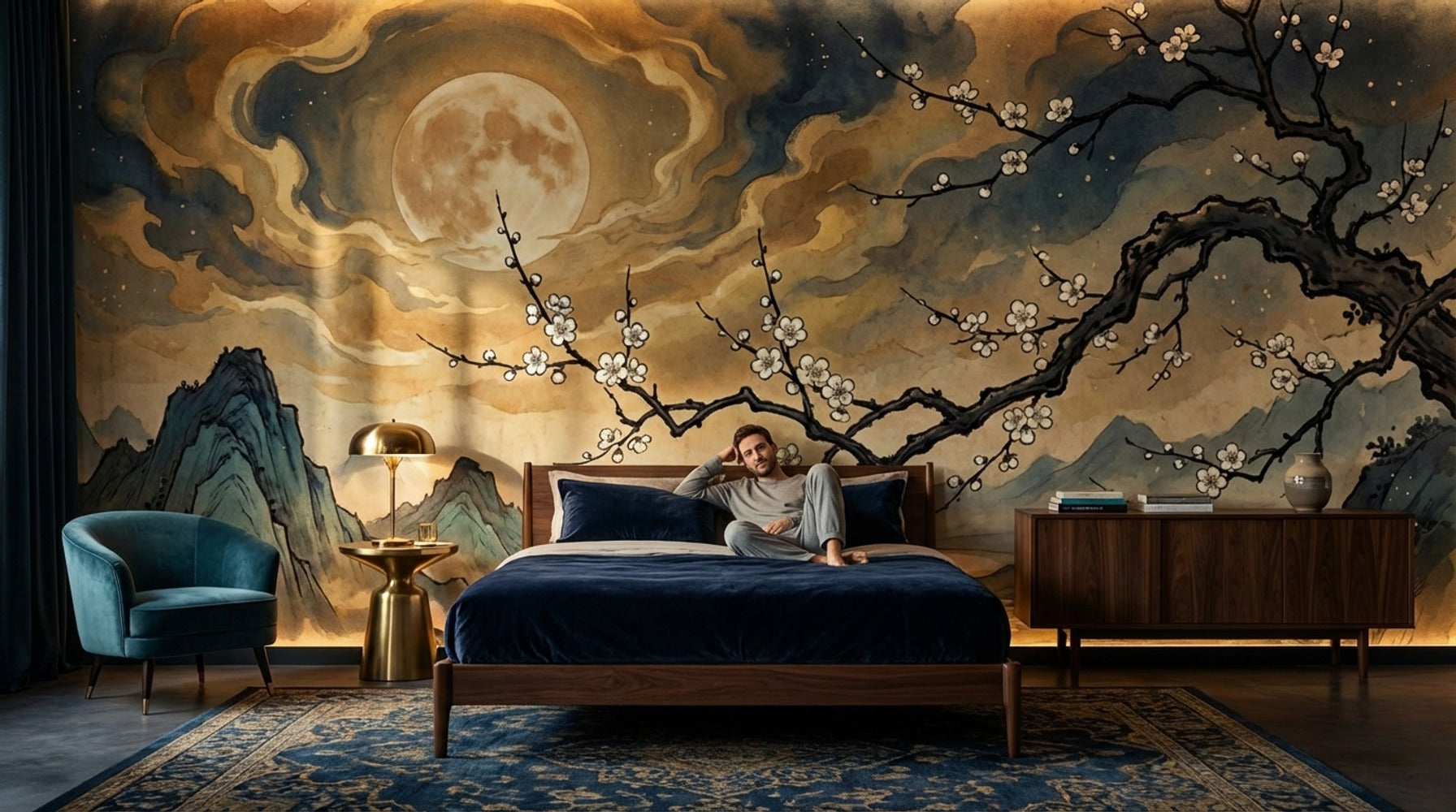 Moonlit Landscape Wallpaper Ink Wash East Asian Wall Mural