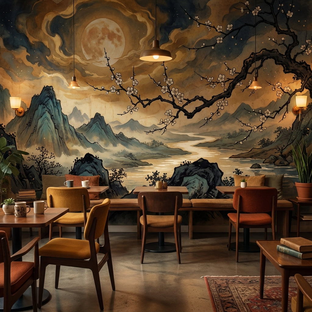 Moonlit Landscape Wallpaper Ink Wash East Asian Wall Mural