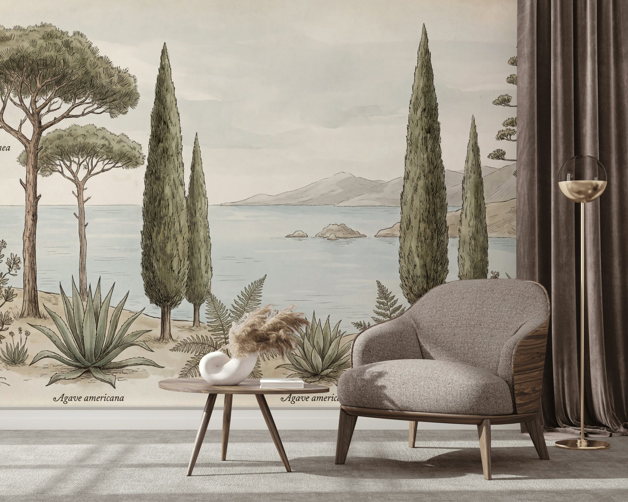 Mediterranean Coast Wallpaper Botanical Illustration Vintage Naturalist Plate Wall Mural