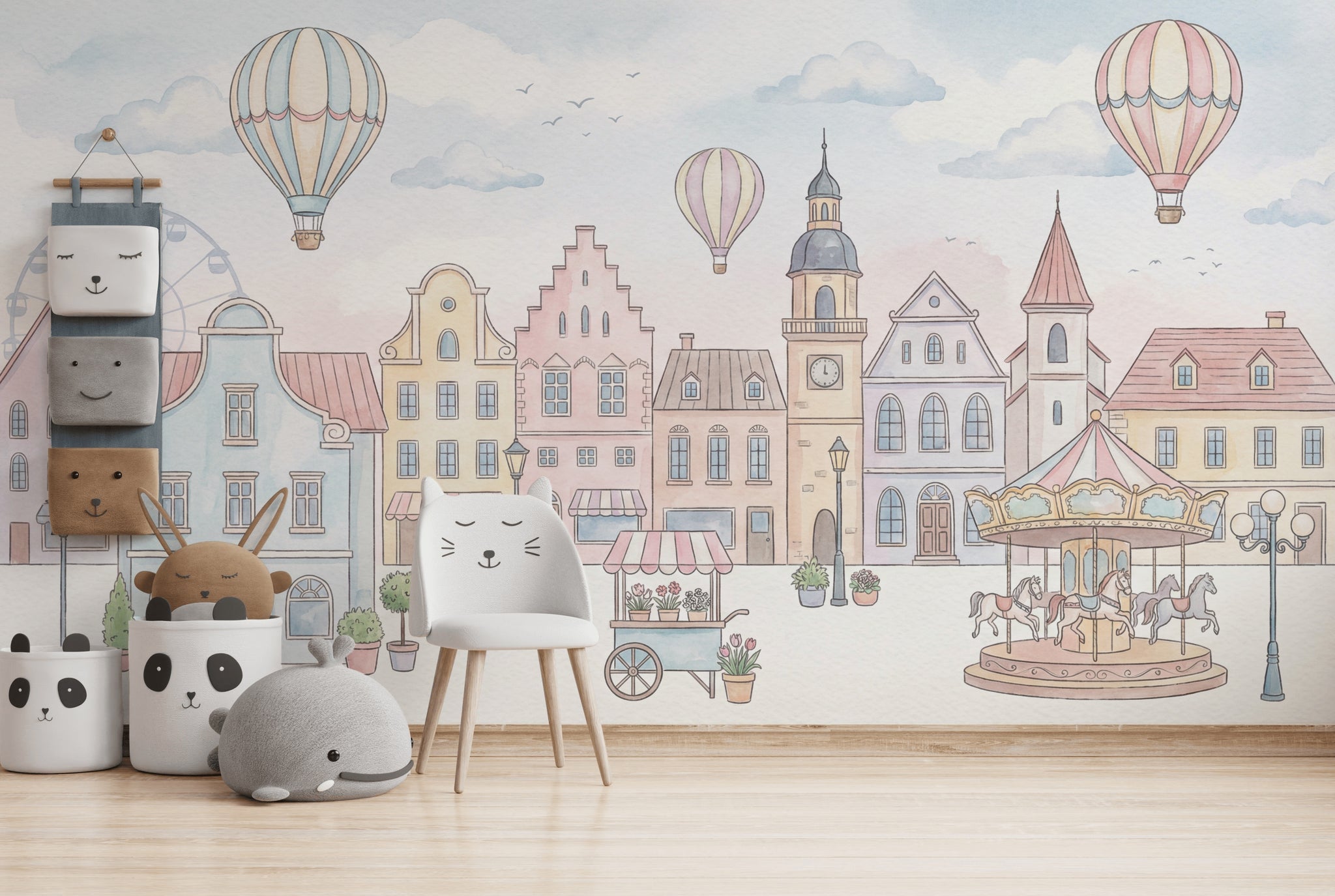 Whimsical Townscape Wallpaper Pastel European Wall Mural