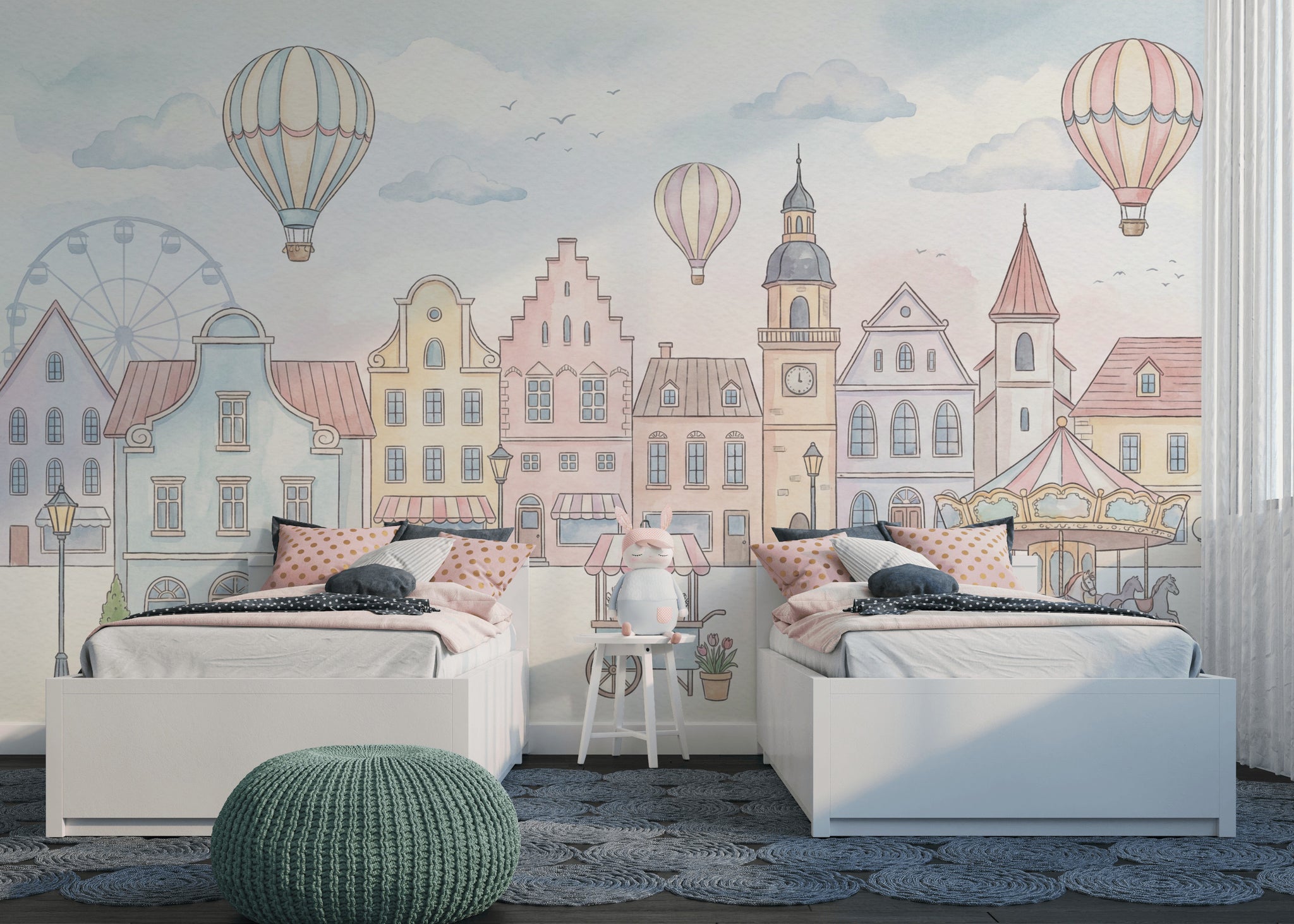 Whimsical Townscape Wallpaper Pastel European Wall Mural