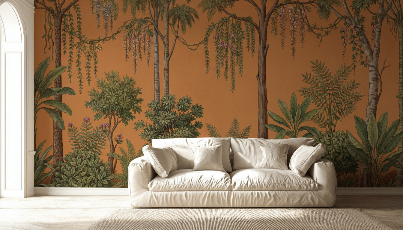 Tropical Botanical Wallpaper Terracotta Background Palm Trees Removable Wall Decor