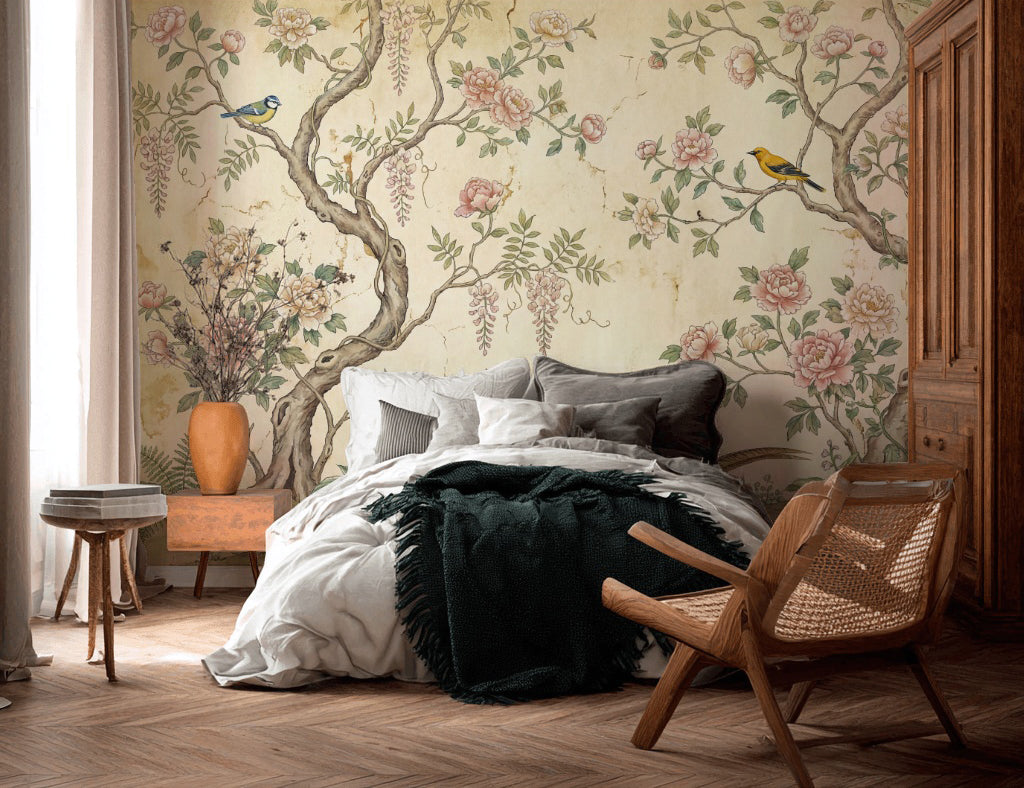 Chinoiserie Inspired Wallpaper Vintage Floral Birds Wall Mural