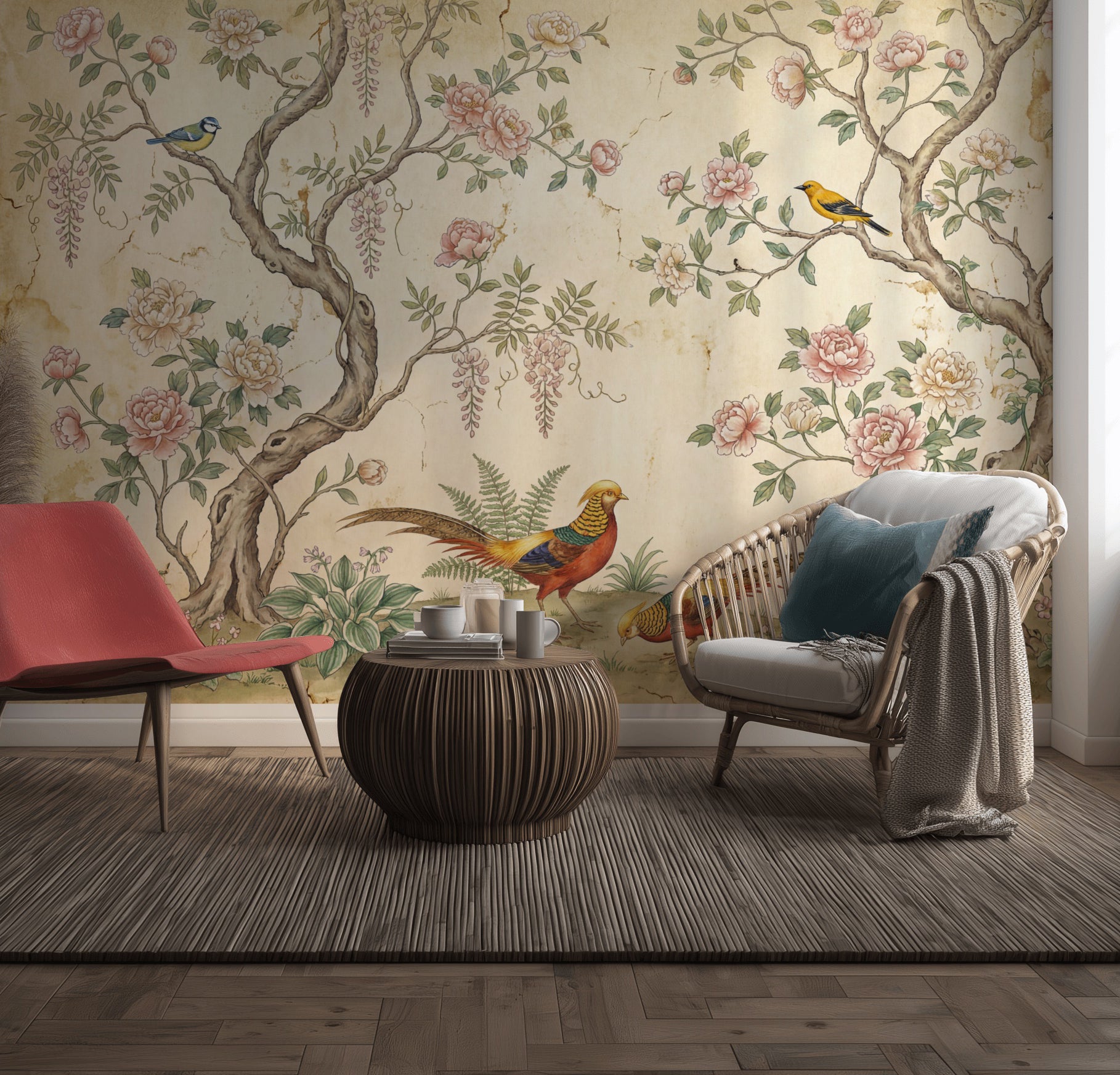 Chinoiserie Inspired Wallpaper Vintage Floral Birds Wall Mural