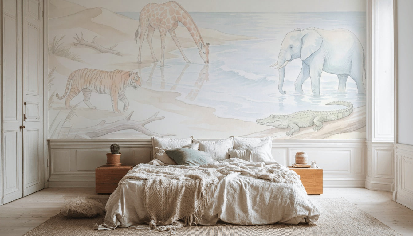 Safari Animals Wallpaper Watercolor Coastal Landscape Wall Mural