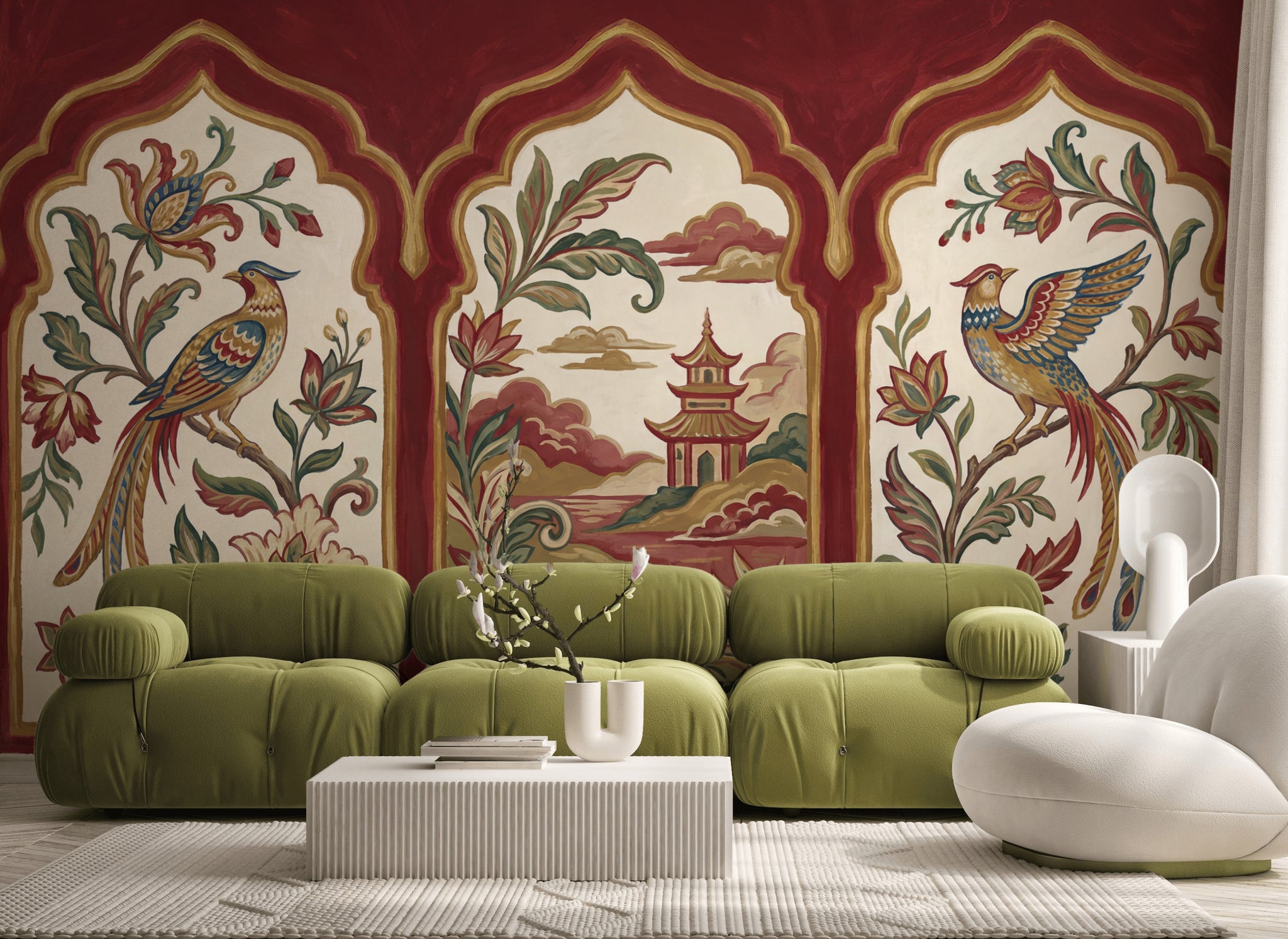 Chinoiserie Wallpaper Arched Panels Pagoda Removable Wall Decor