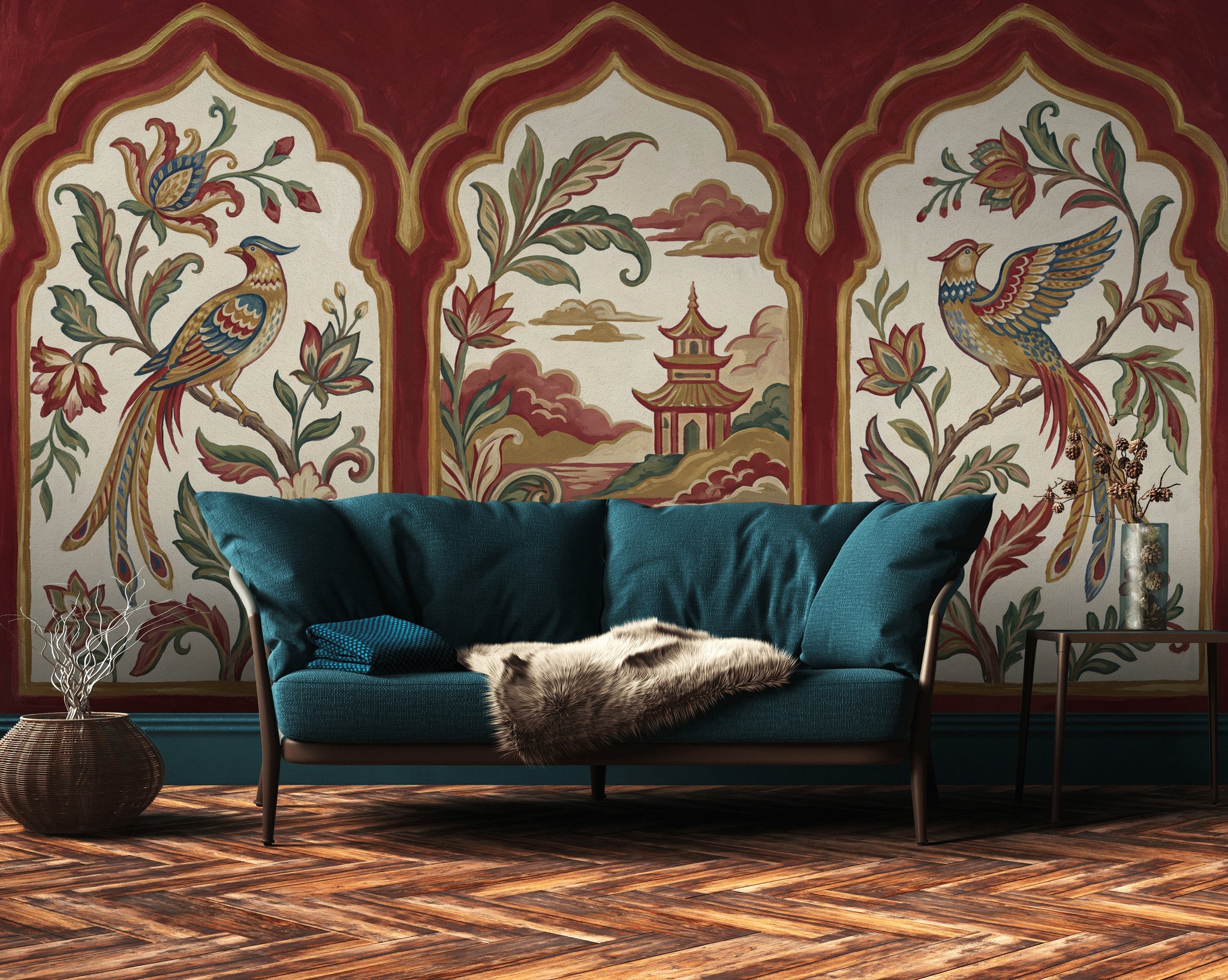 Chinoiserie Wallpaper Arched Panels Pagoda Removable Wall Decor