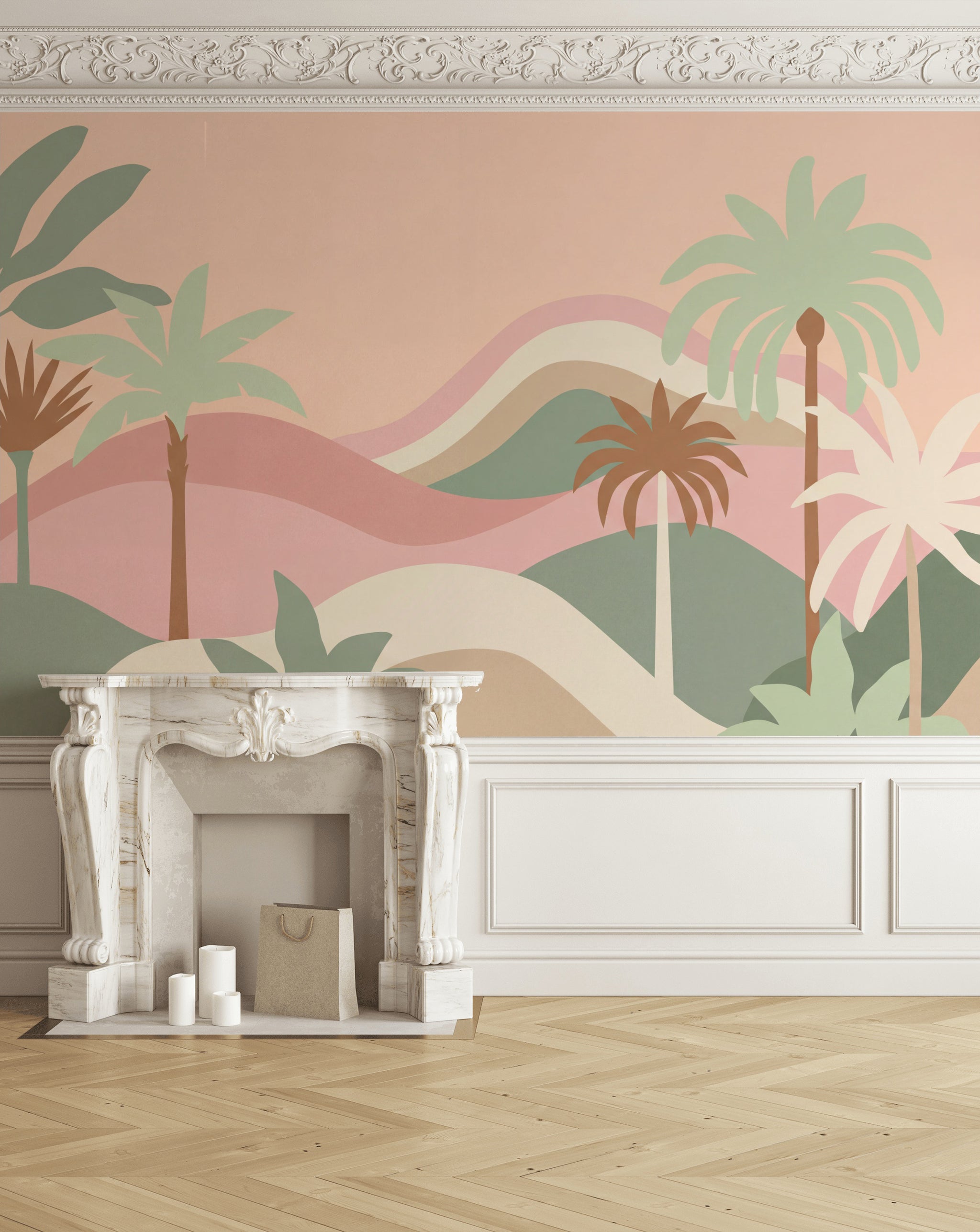 Pastel Tropical Wallpaper Palm Trees Layered Hills Removable Wall Decor