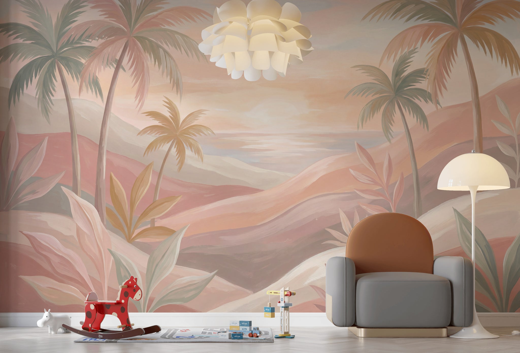 Pastel Tropical Landscape Wallpaper Palm Trees Sunset Sky Wall Mural