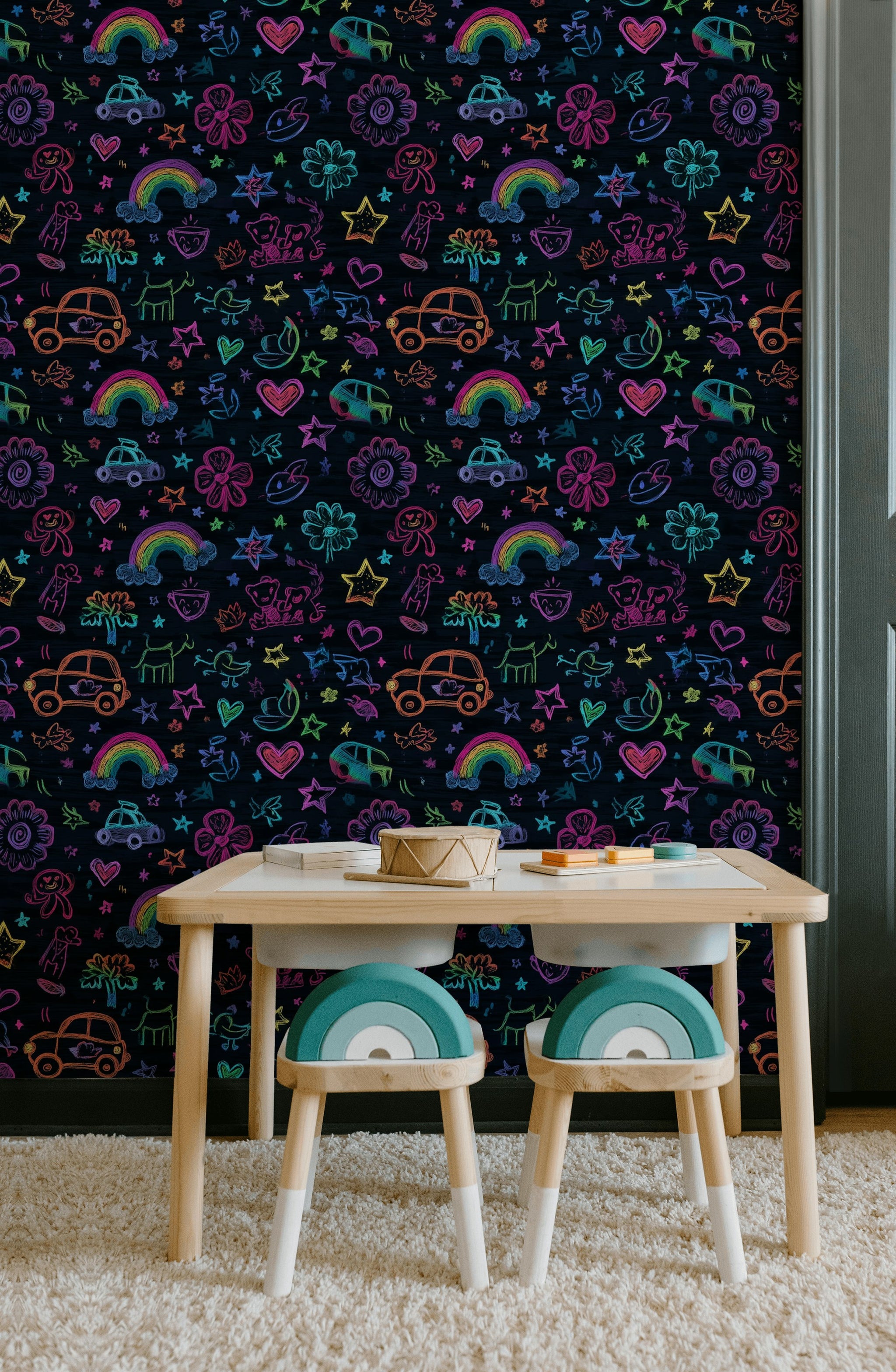 Dark Chalkboard Wallpaper Neon Doodles Kids Drawing Decorative Mural