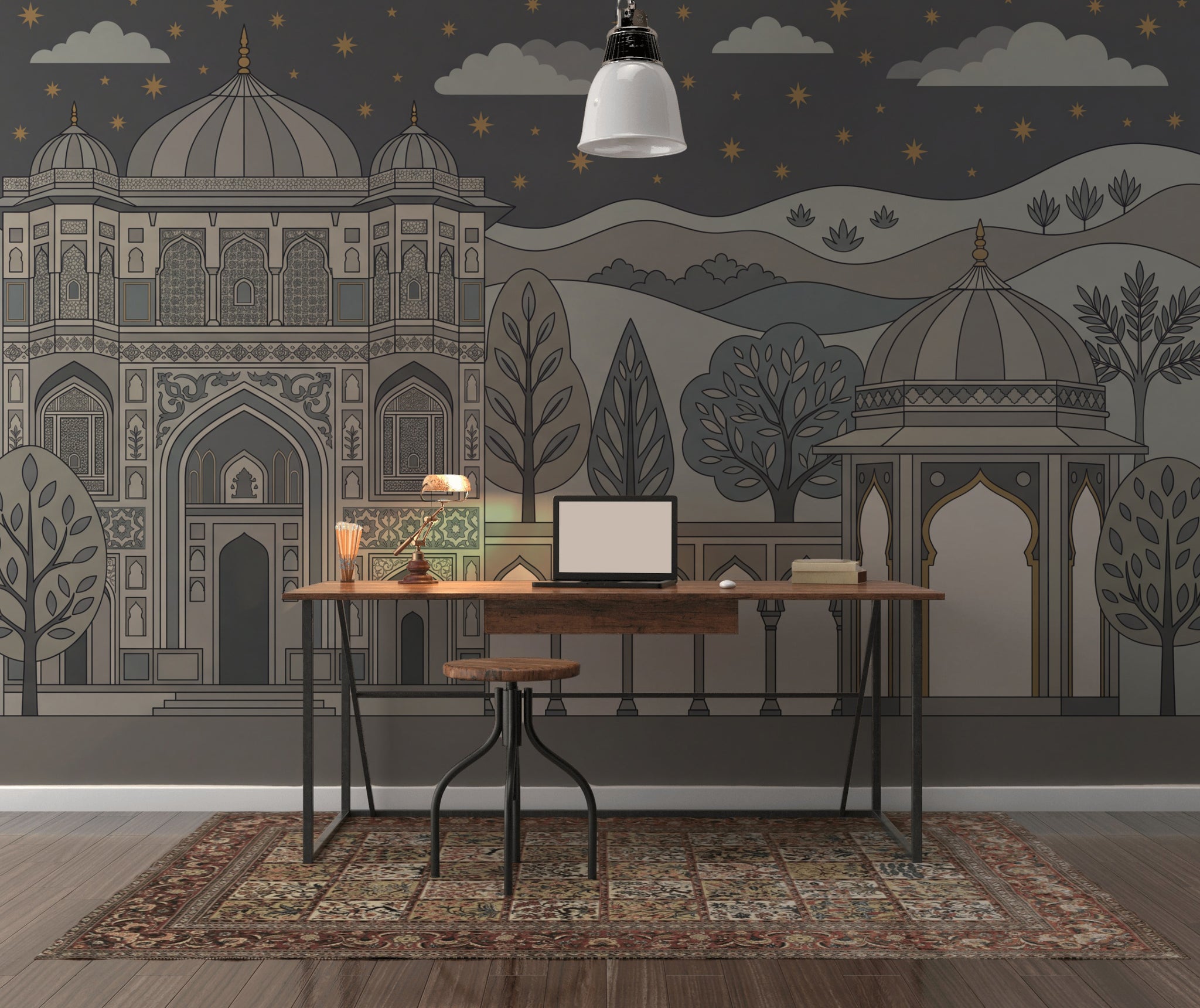 Mughal Architecture Wallpaper Night Sky Gold Stars Removable Wall Decor