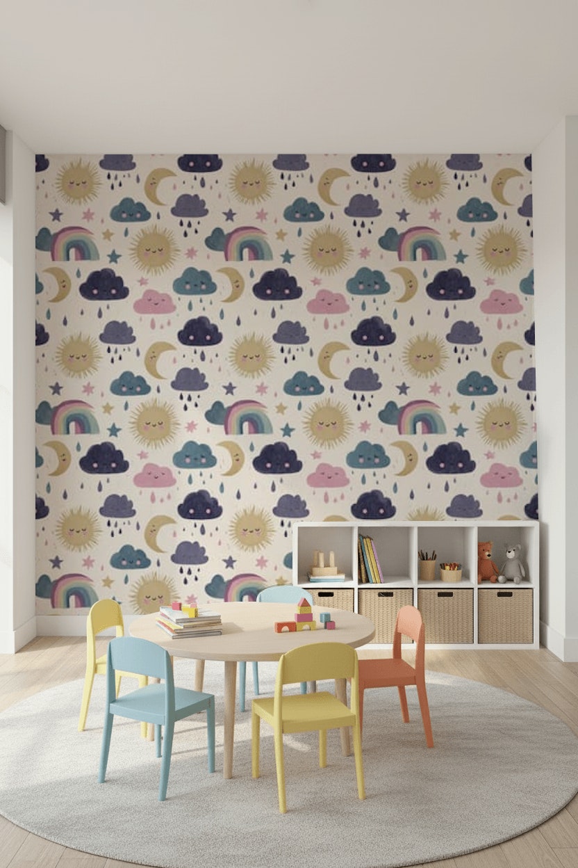 Nursery Wallpaper Cute Clouds Removable Sun And Moon Wall Art