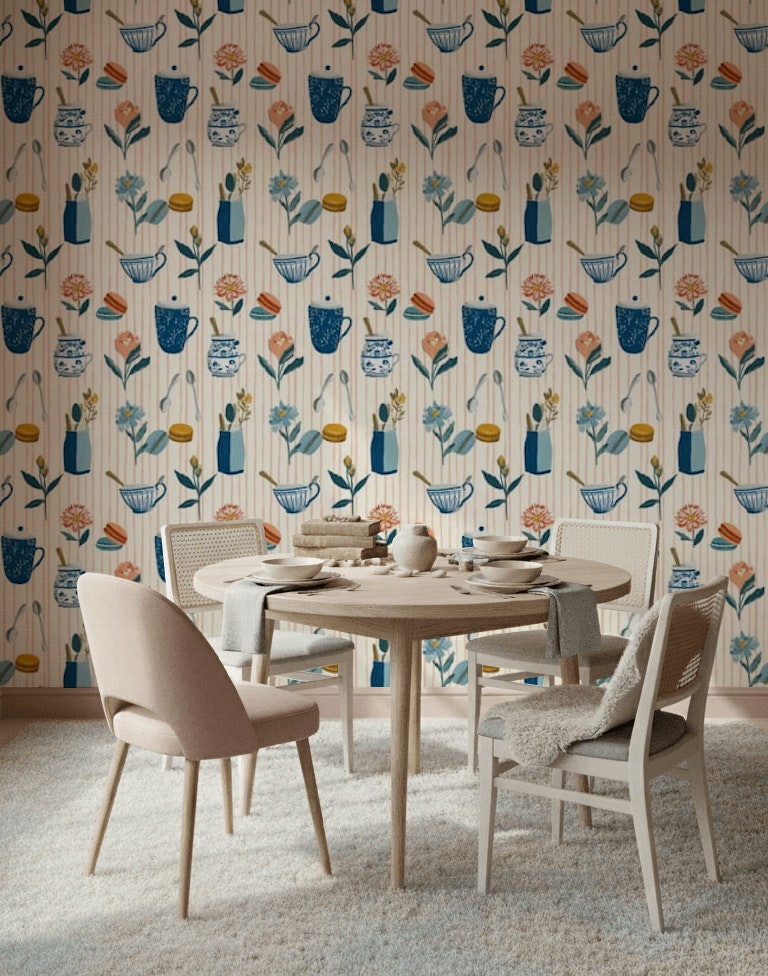 Tea Time Wallpaper Kitchenware Blue And White Ceramics Decorative Mural