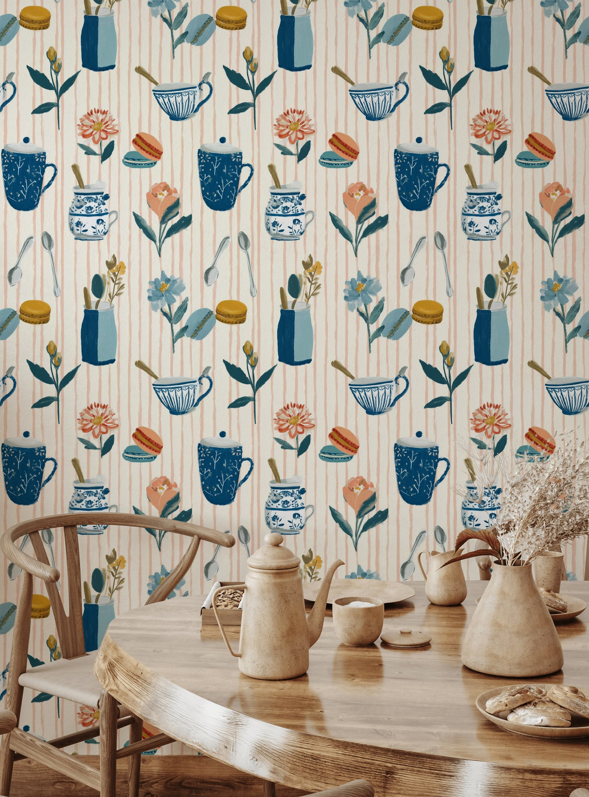 Tea Time Wallpaper Kitchenware Blue And White Ceramics Decorative Mural