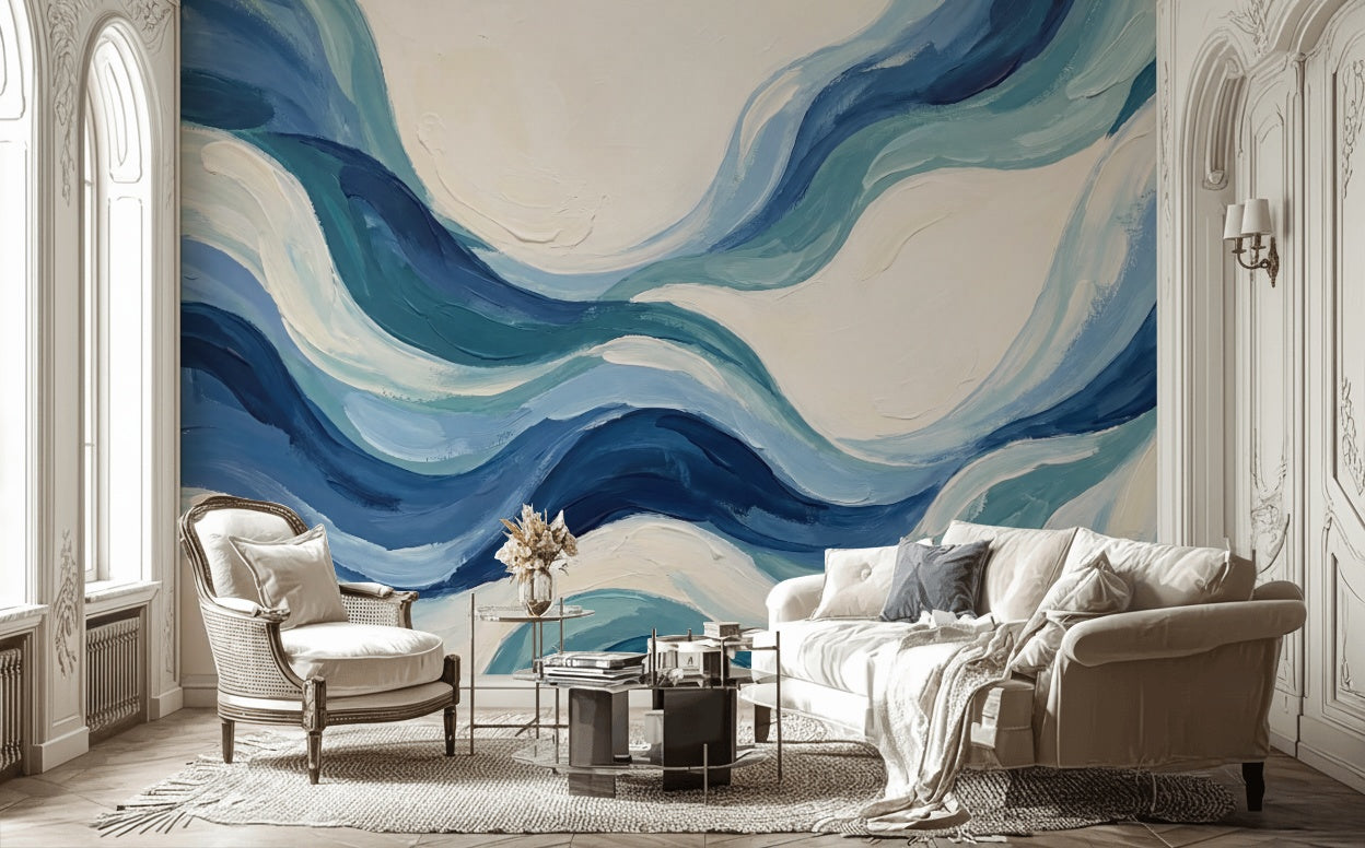 Abstract Waves Wallpaper Blue Modern Wall Mural