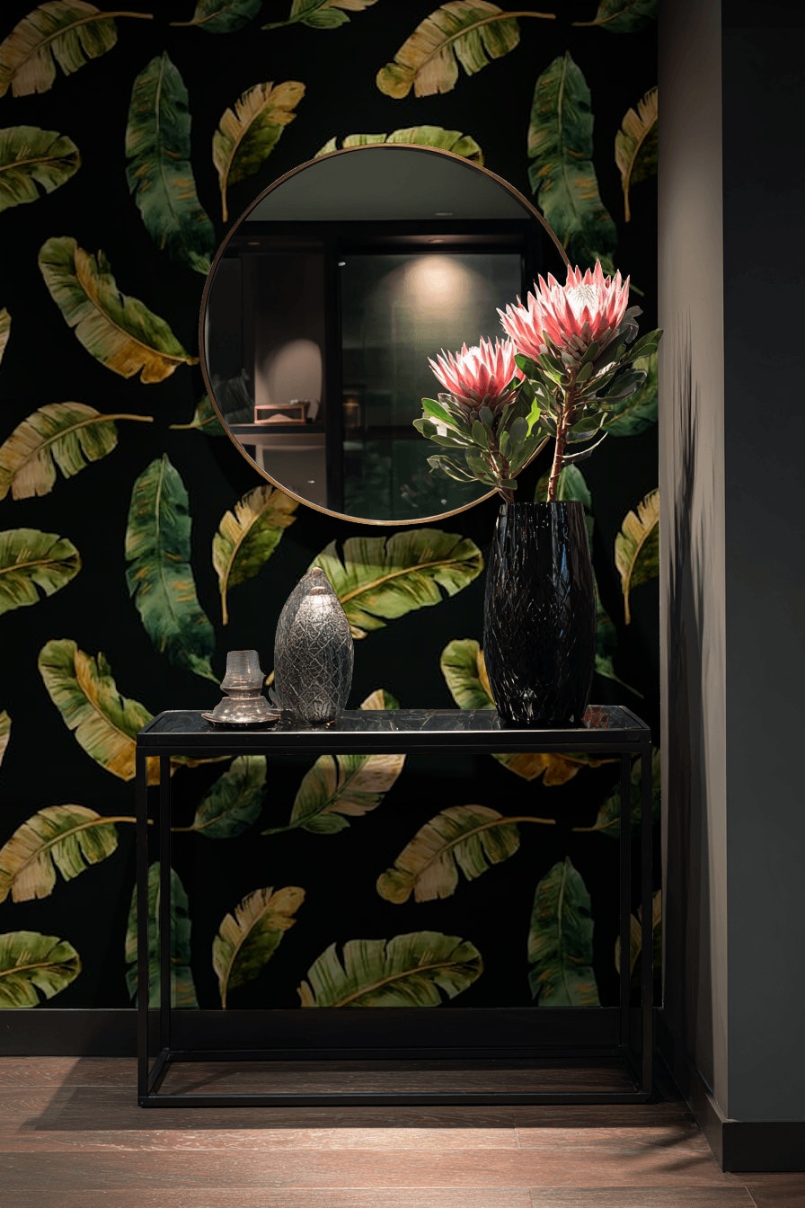 Banana Leaves Wallpaper Black Background Green And Gold Decorative Mural