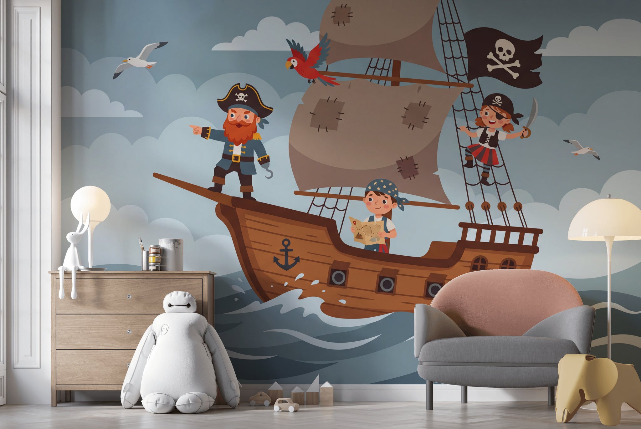 Pirate Ship Wallpaper Ocean Waves Cartoon Illustration Wall Mural