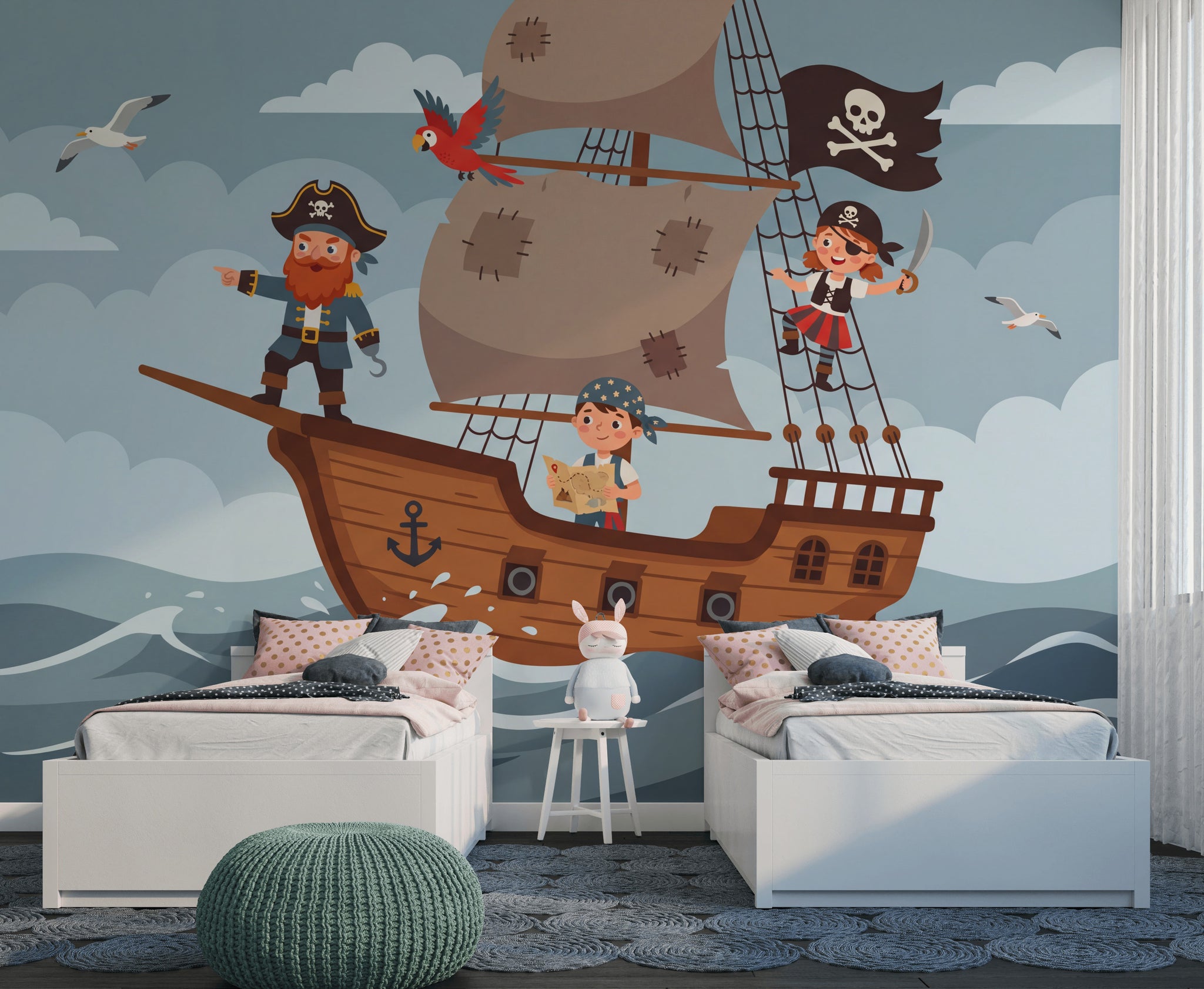 Pirate Ship Wallpaper Ocean Waves Cartoon Illustration Wall Mural
