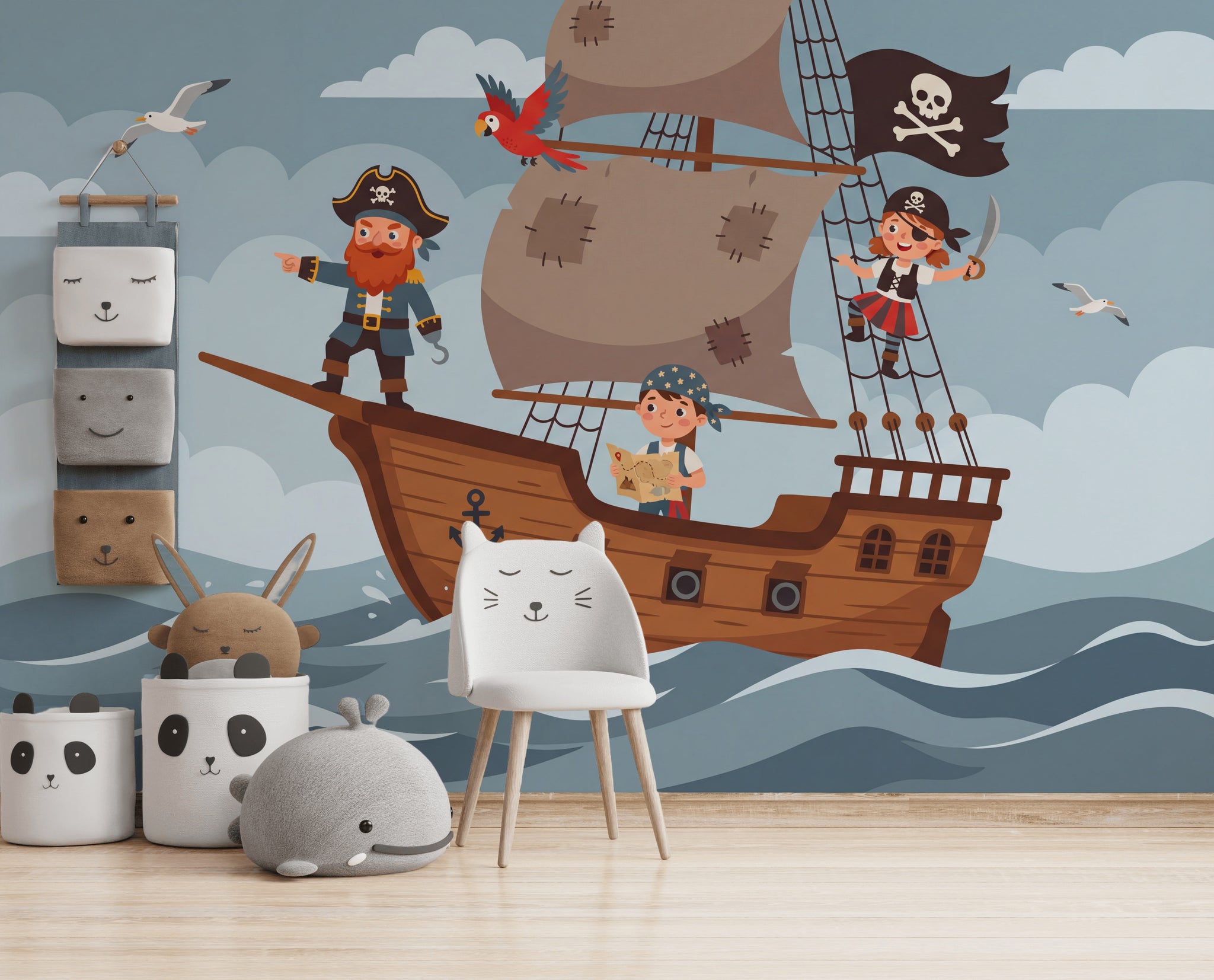 Pirate Ship Wallpaper Ocean Waves Cartoon Illustration Wall Mural