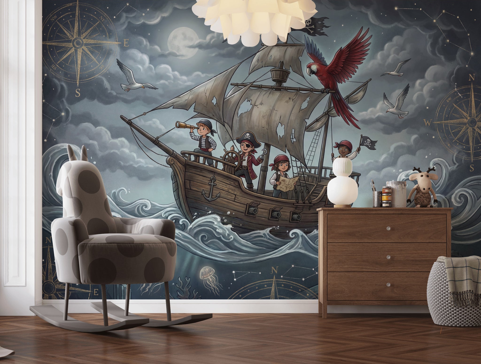 Pirate Ship Wallpaper Moonlit Ocean Compass Rose Wall Mural