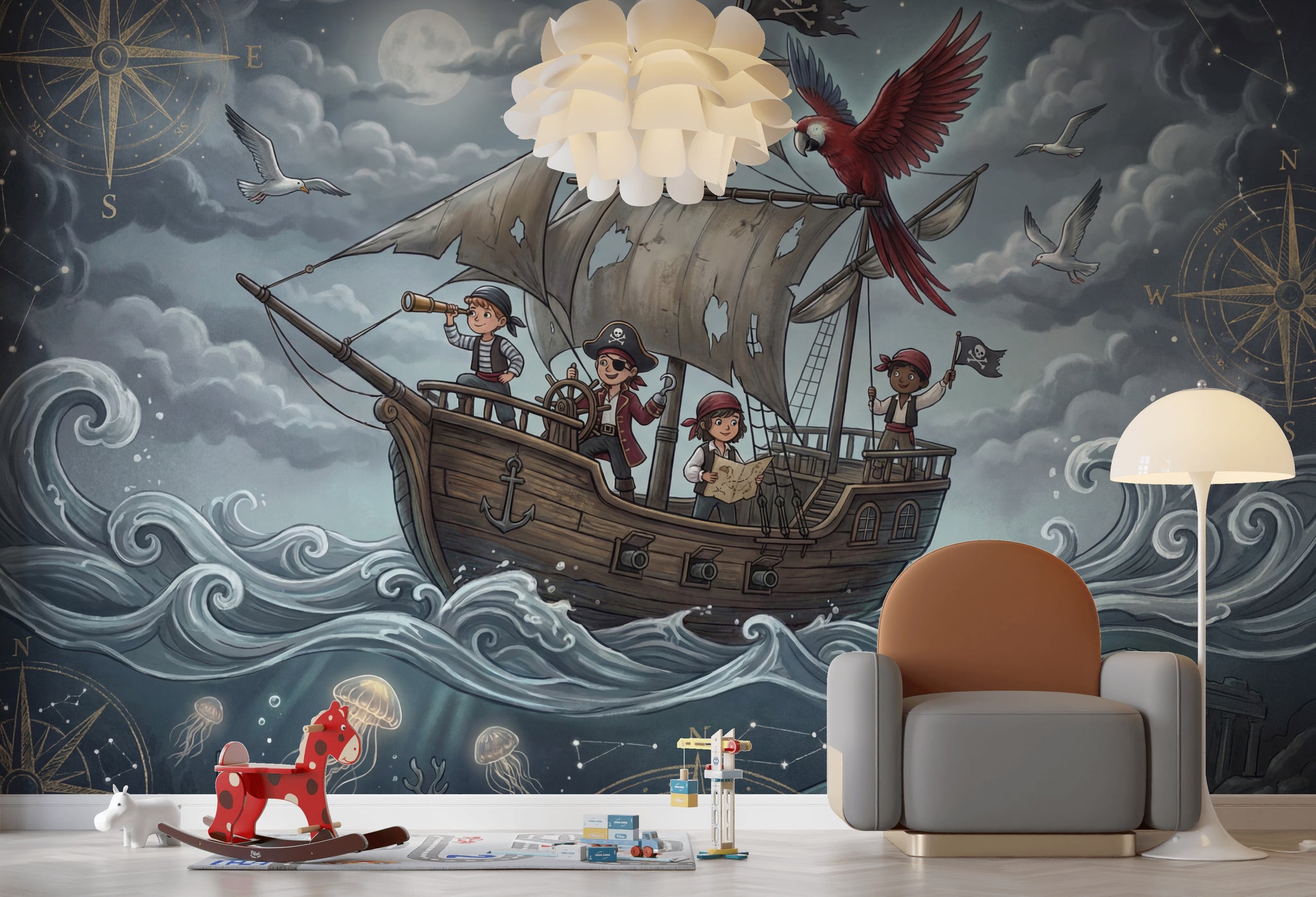 Pirate Ship Wallpaper Moonlit Ocean Compass Rose Wall Mural