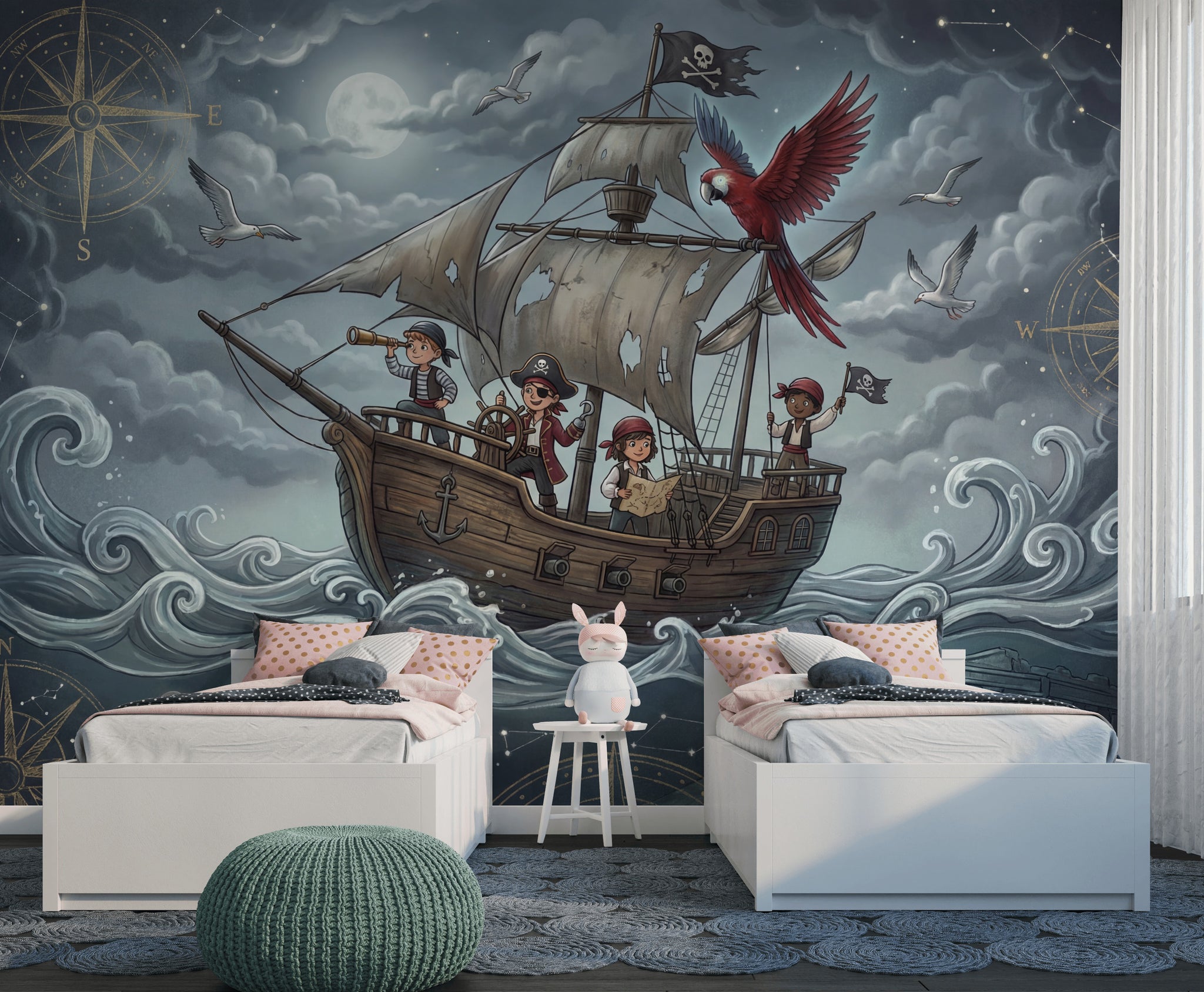 Pirate Ship Wallpaper Moonlit Ocean Compass Rose Wall Mural