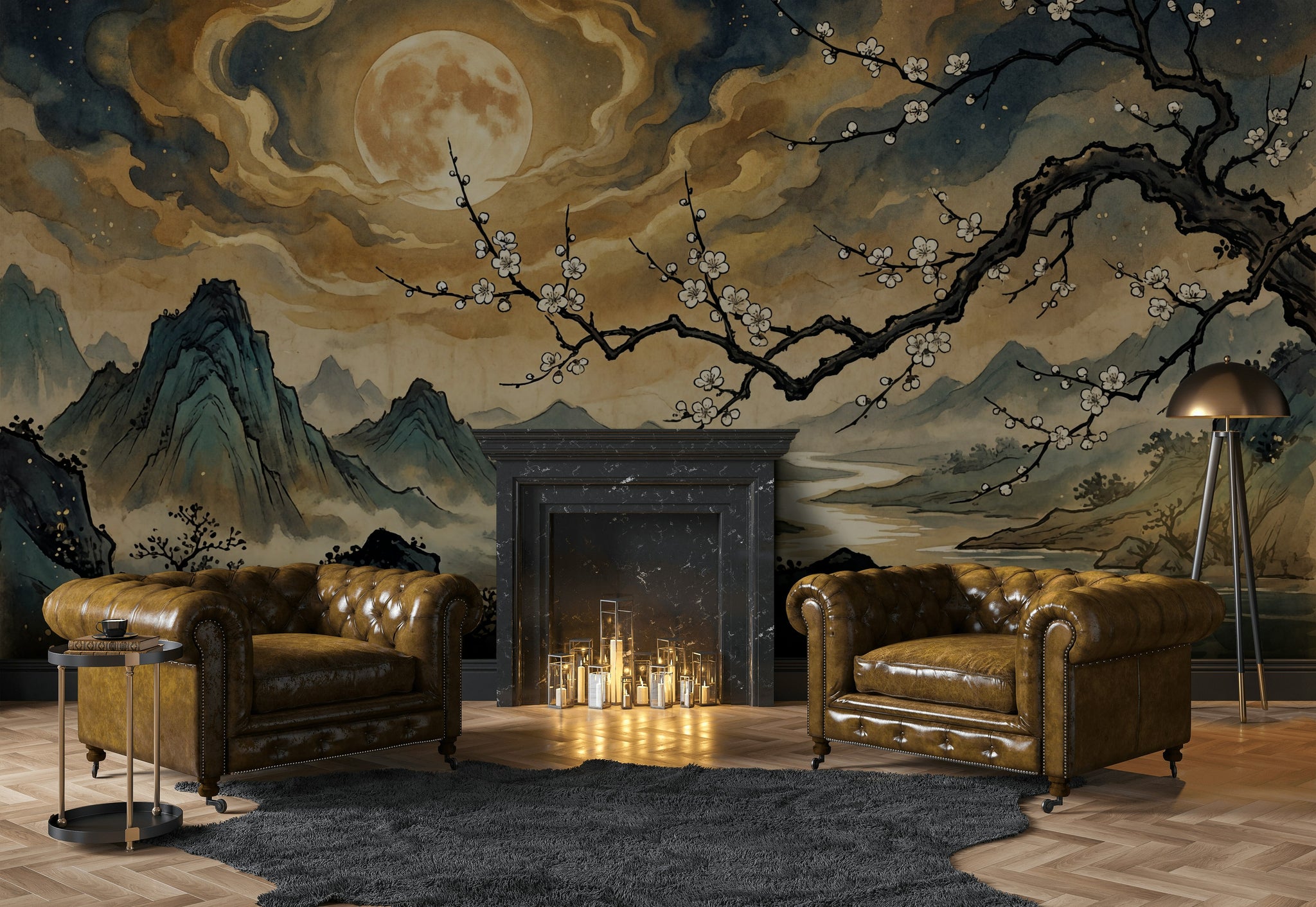 Moonlit Landscape Wallpaper Ink Wash East Asian Wall Mural