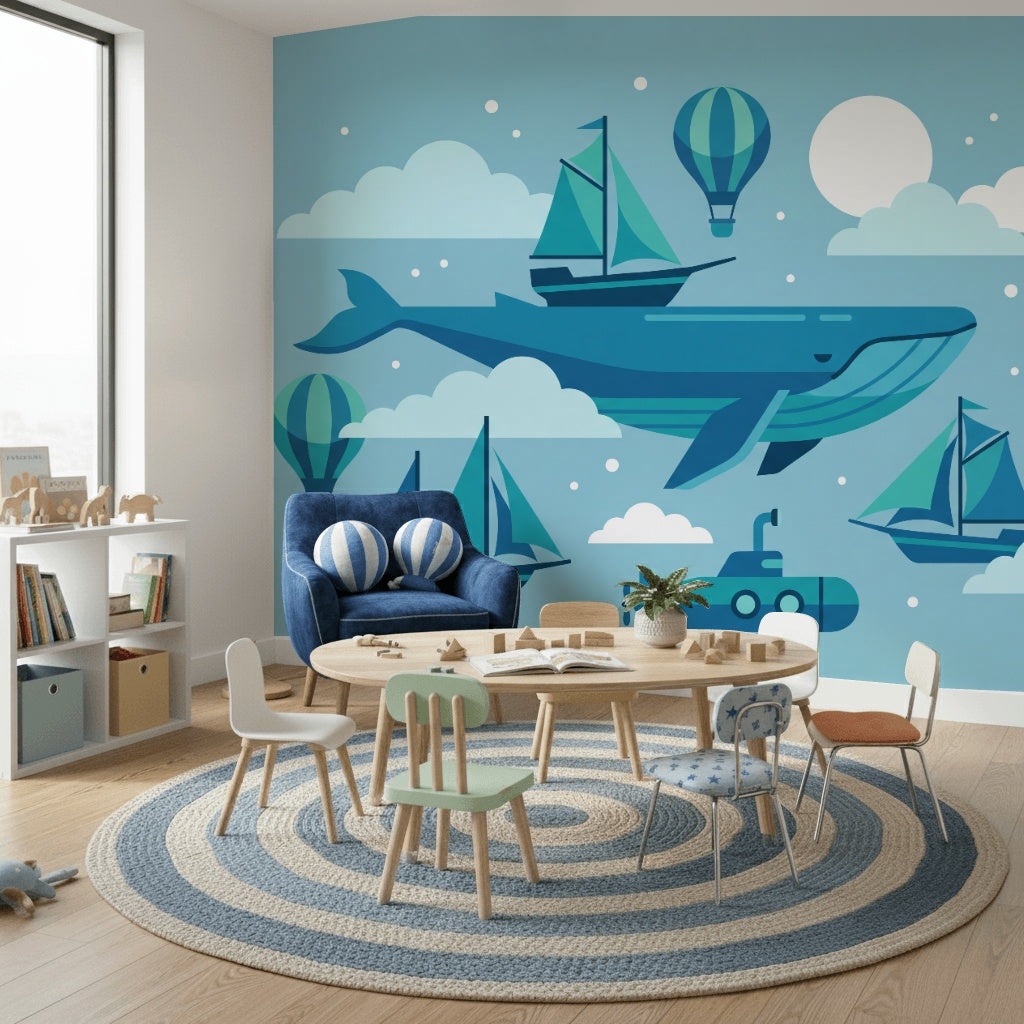 Whale Wallpaper Sailboats Submarine Wall Mural