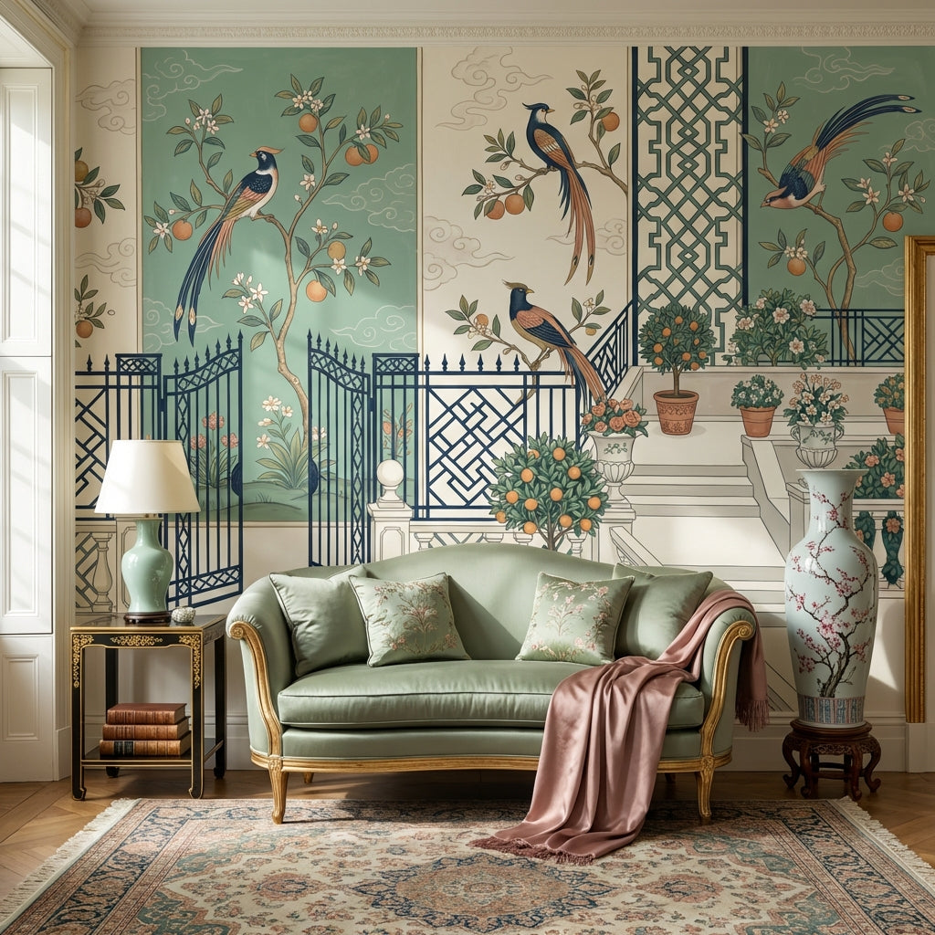 Courtyard Garden Wallpaper Birds Removable Citrus Trees Wall Decor