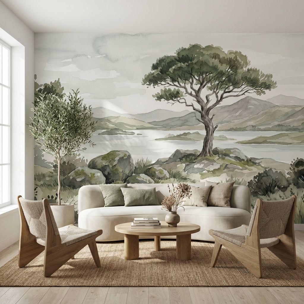 Cloudy Sky Wallpaper Tree Silhouette Lake Wall Mural
