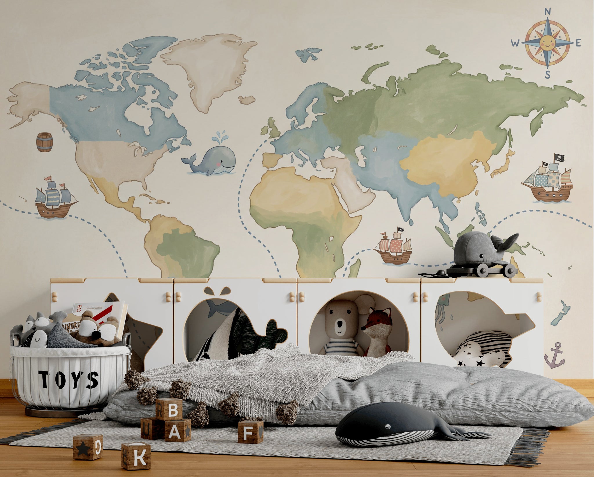 World Map Wallpaper Ocean Nautical Wall Decor