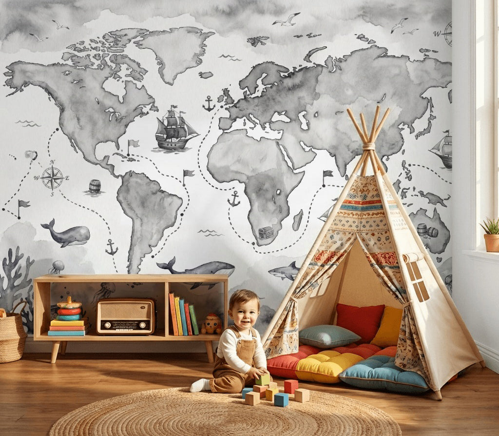 World Map Wallpaper Nautical Ocean Wall Mural